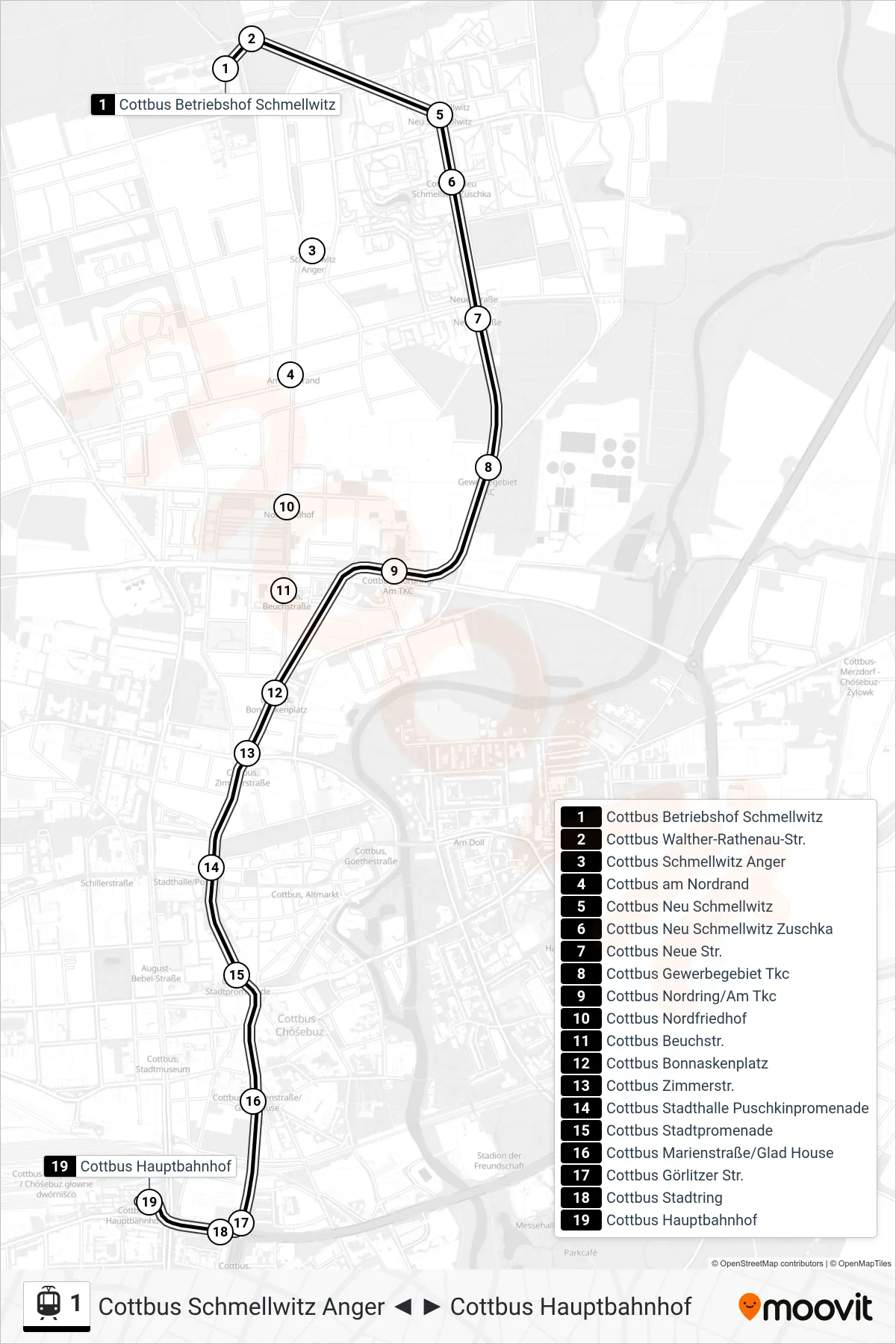 Linie 1 (Straßenbahn) Richtung Cottbus Hauptbahnhof: Route und Haltestellen auf der Karte