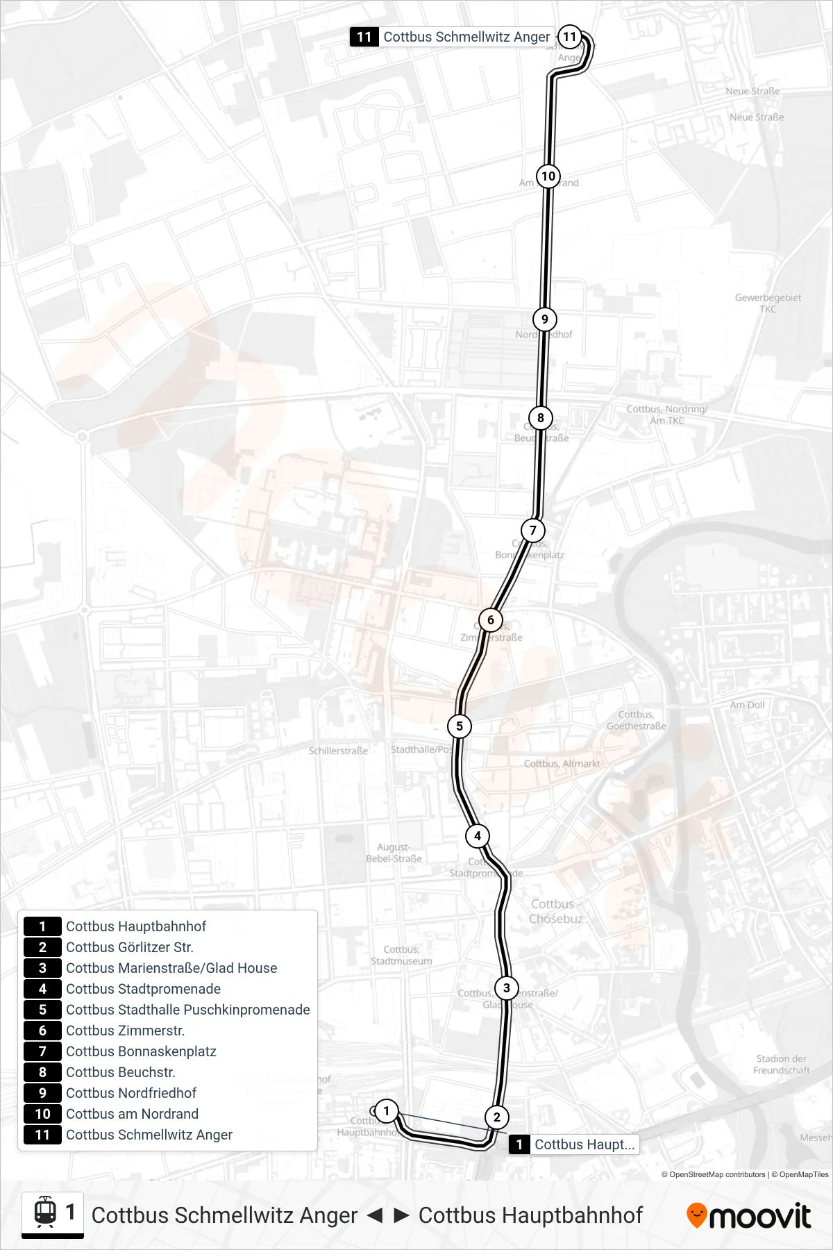 Linie 1 (Straßenbahn) Richtung Cottbus Schmellwitz Anger: Route und Haltestellen auf der Karte