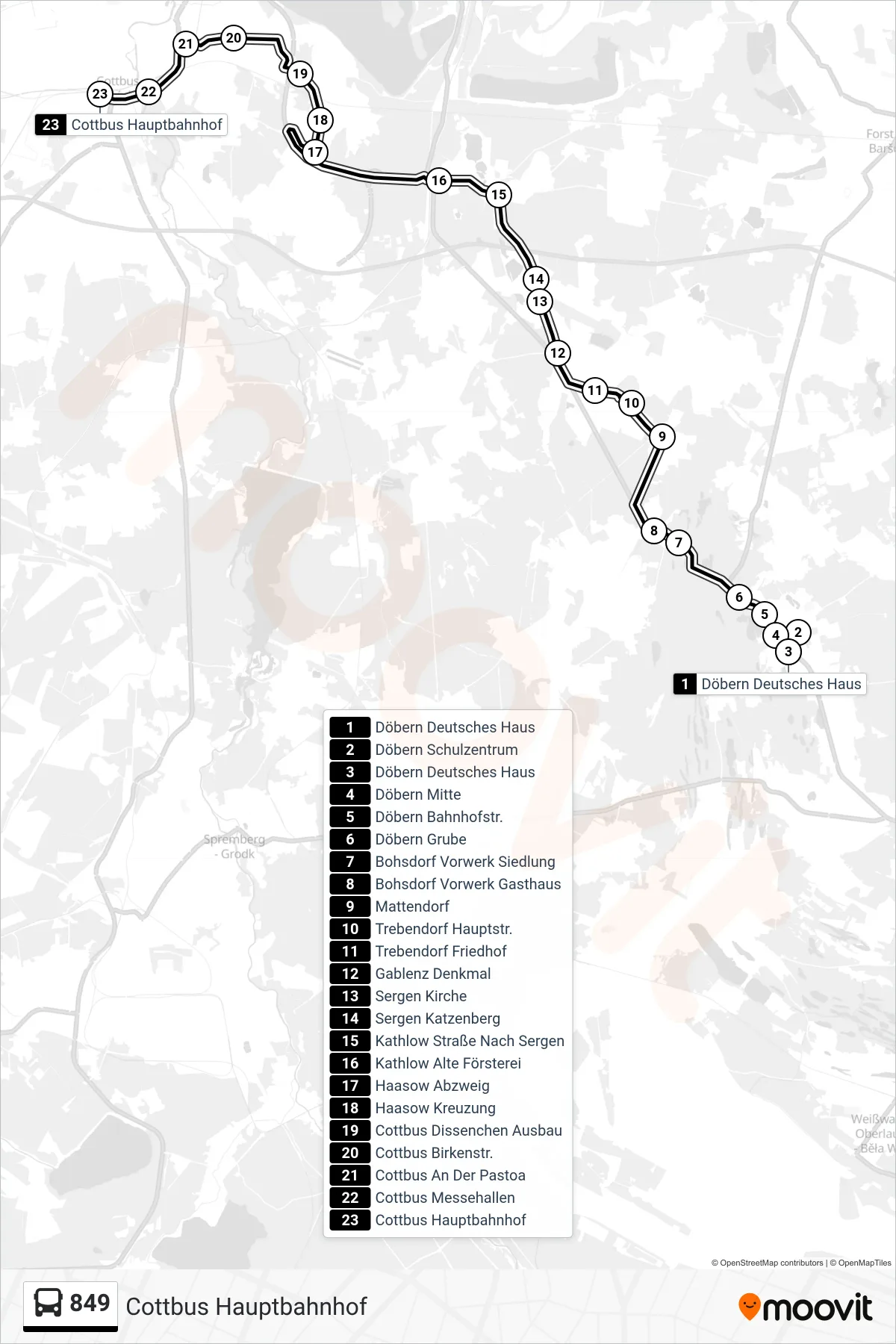 Linie 849 (Bus) Richtung Cottbus Hauptbahnhof: Route und Haltestellen auf der Karte