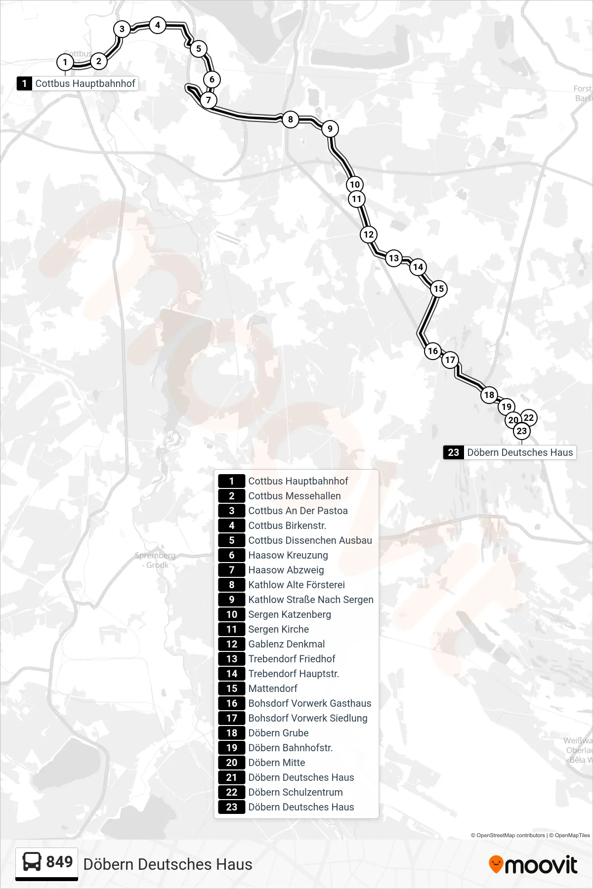 Linie 849 (Bus) Richtung Döbern Deutsches Haus: Route und Haltestellen auf der Karte