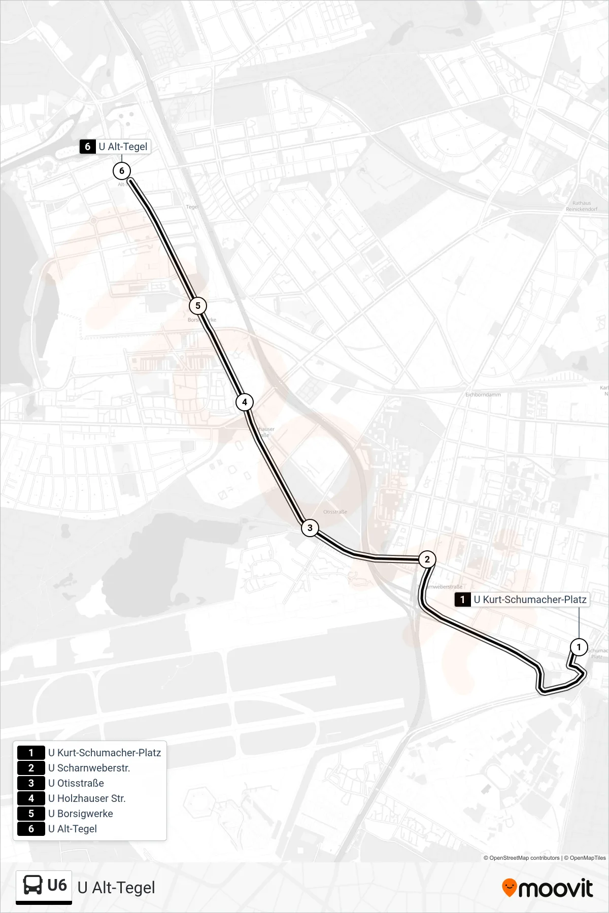 Linie U6 (Bus) Richtung U Alt-Tegel: Route und Haltestellen auf der Karte