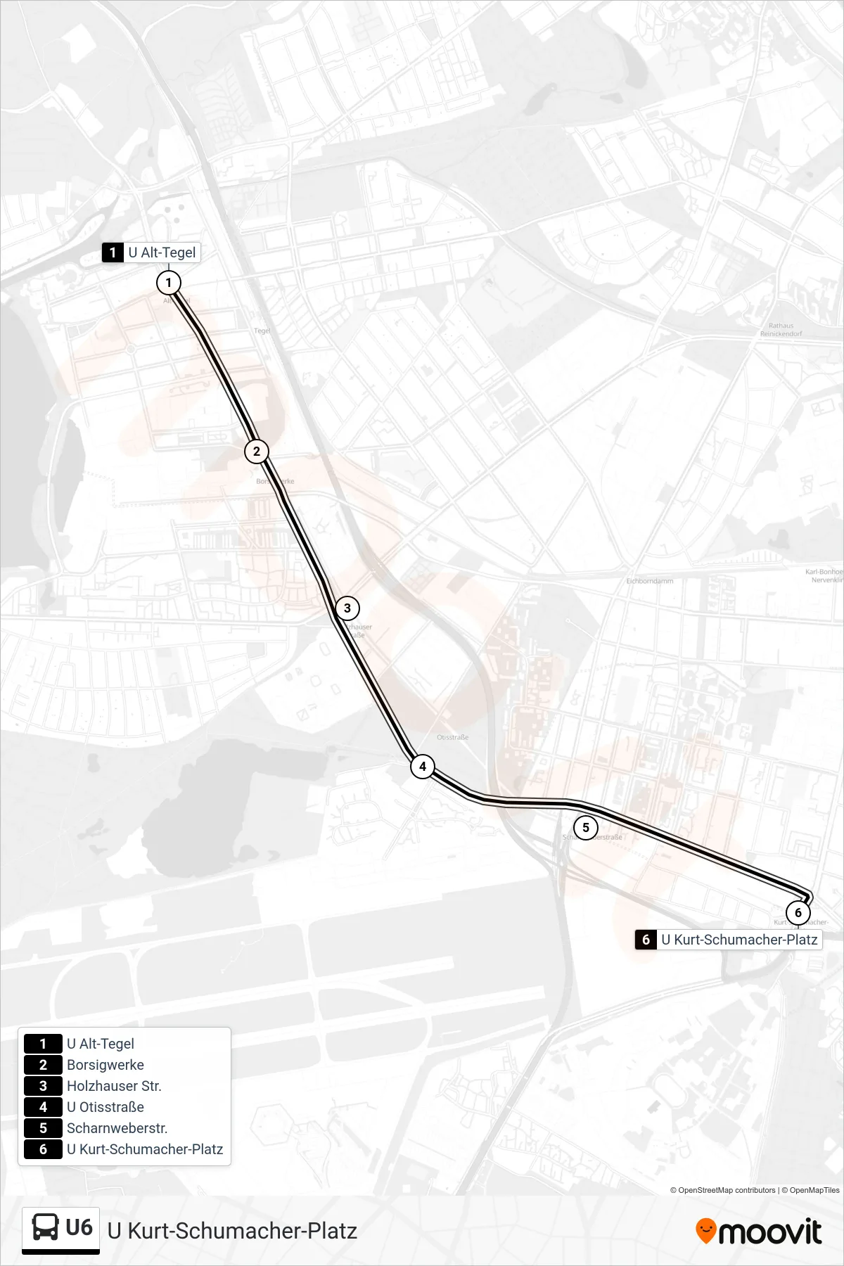 U6 bus Line (U Kurt-Schumacher-Platz) route and stops on a map