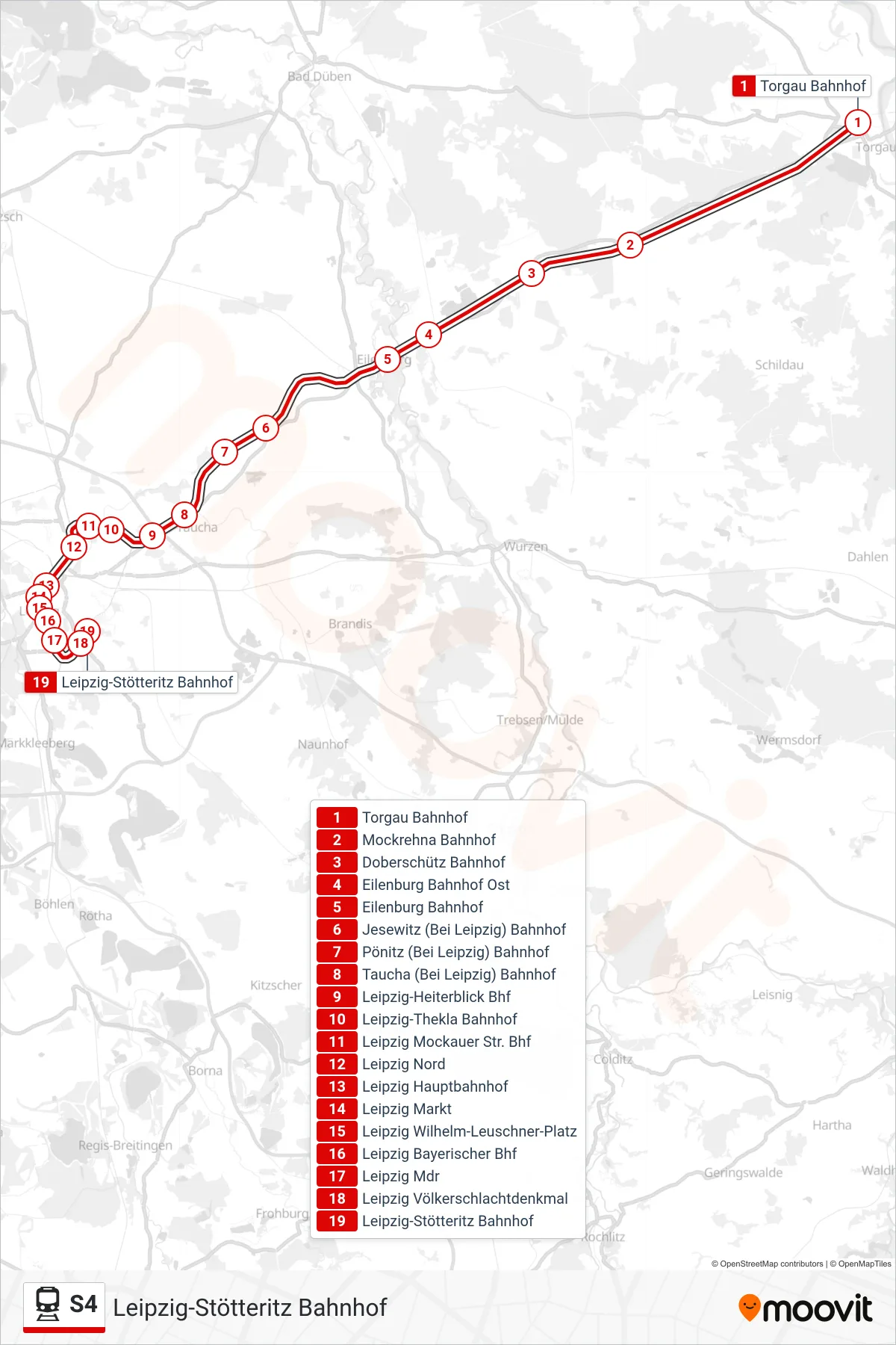 Linie S4 (Bahn) Richtung Leipzig-Stötteritz Bahnhof: Route und Haltestellen auf der Karte