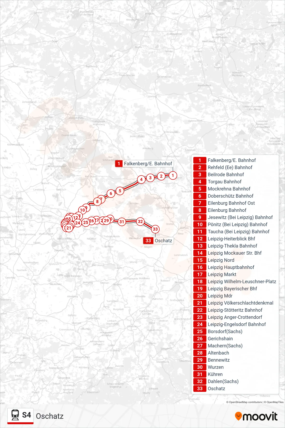 S4 train Line (Oschatz) route and stops on a map