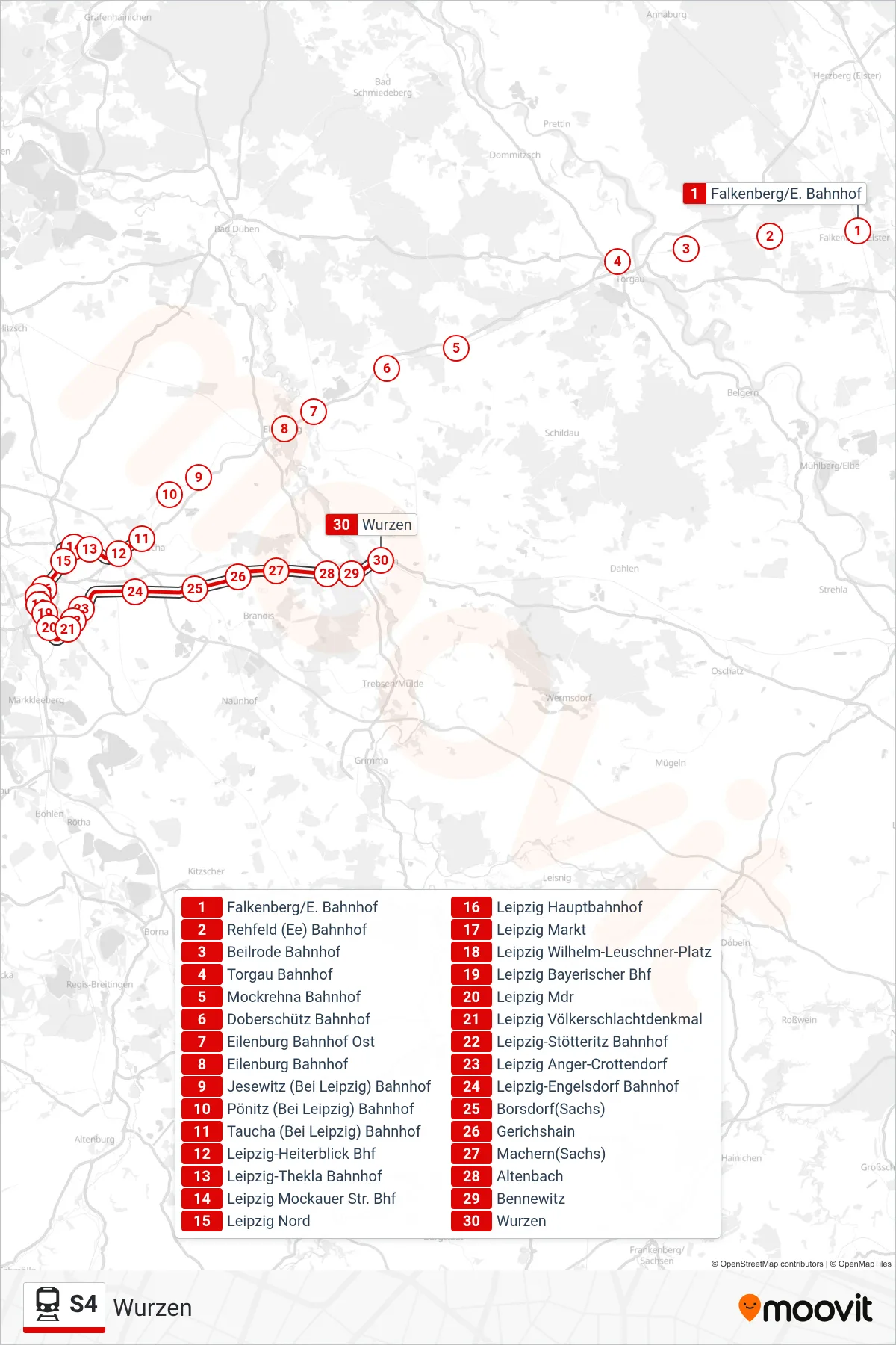 Linie S4 (Bahn) Richtung Wurzen: Route und Haltestellen auf der Karte