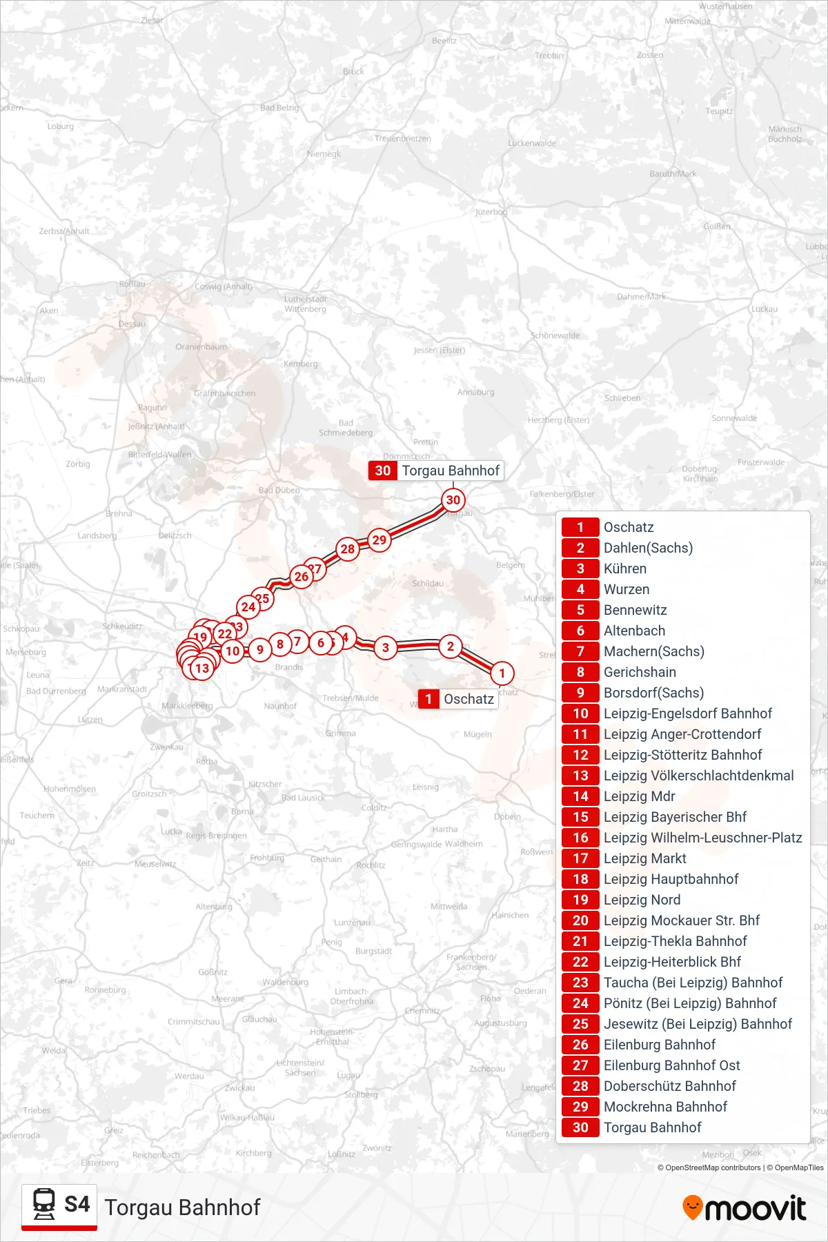 S4 train Line (Torgau Bahnhof) route and stops on a map