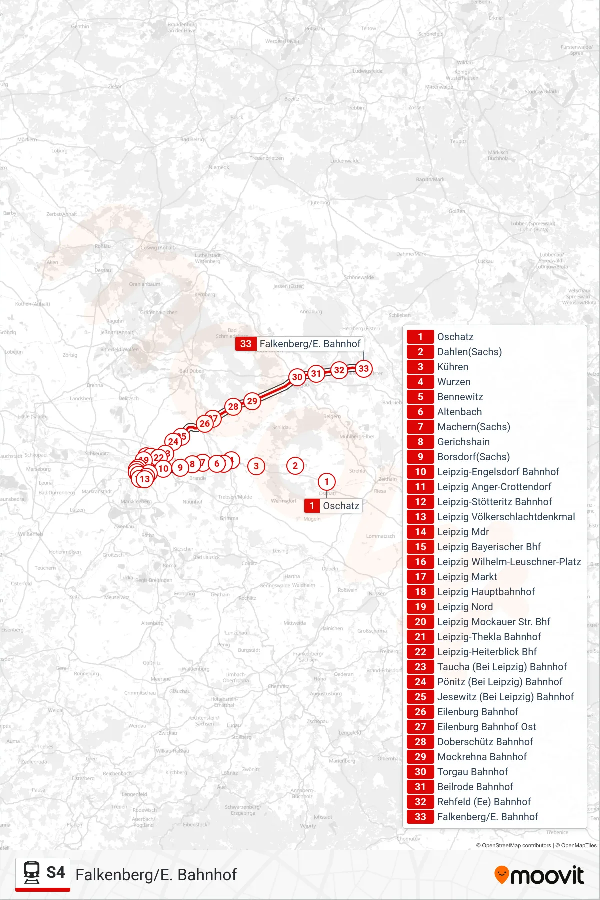 Linie S4 (Bahn) Richtung Falkenberg/E. Bahnhof: Route und Haltestellen auf der Karte