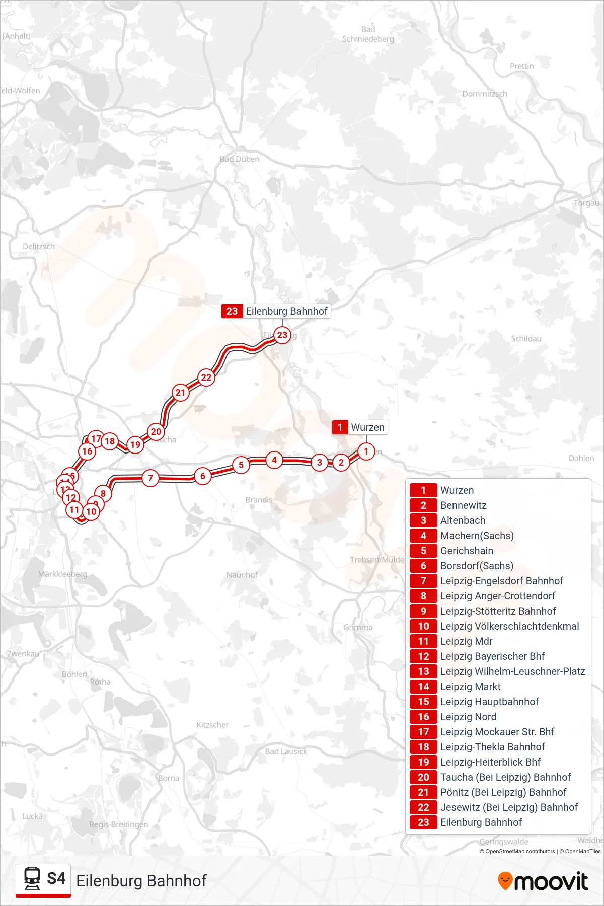 S4 train Line (Eilenburg Bahnhof) route and stops on a map