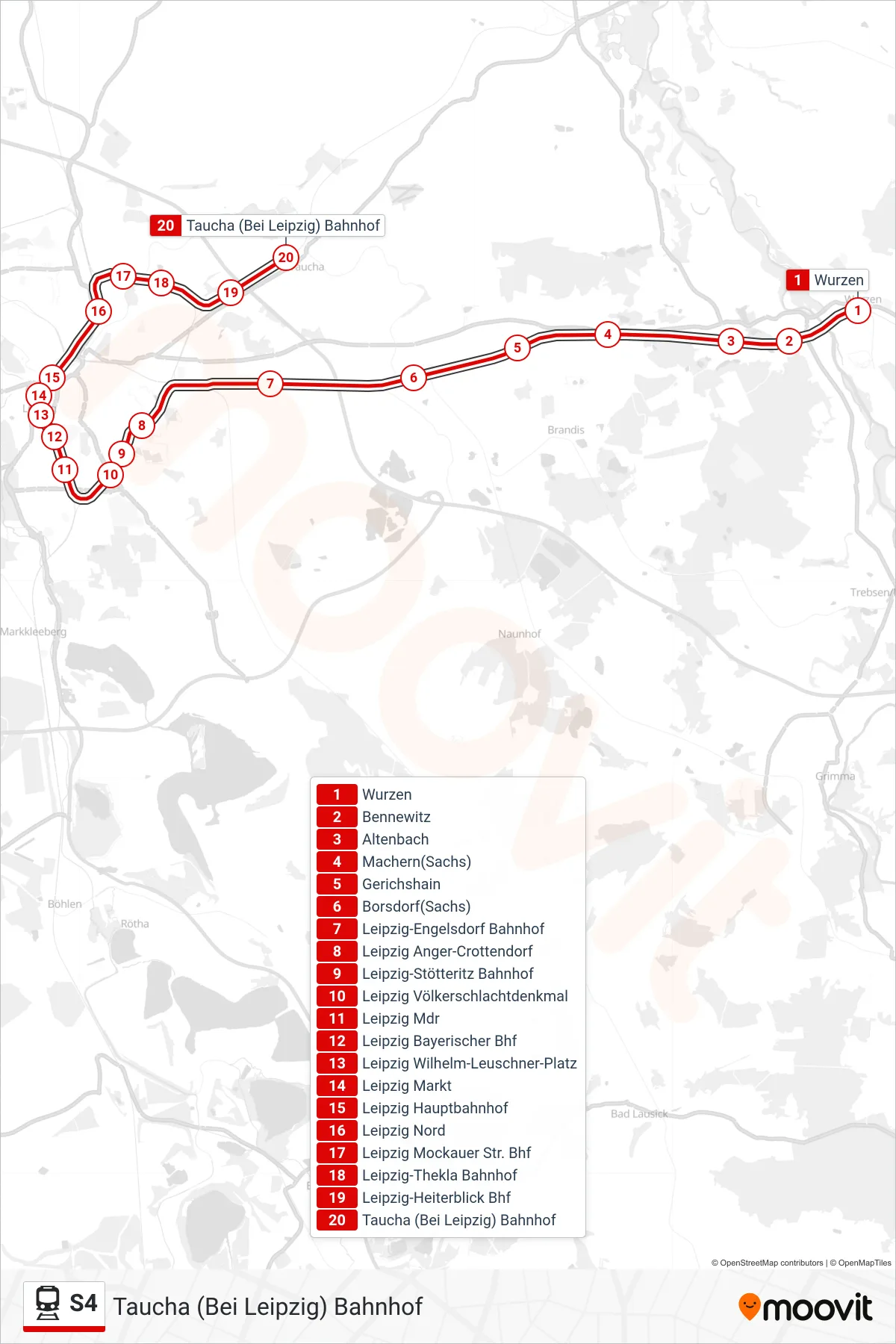 S4 train Line (Taucha (Bei Leipzig) Bahnhof) route and stops on a map