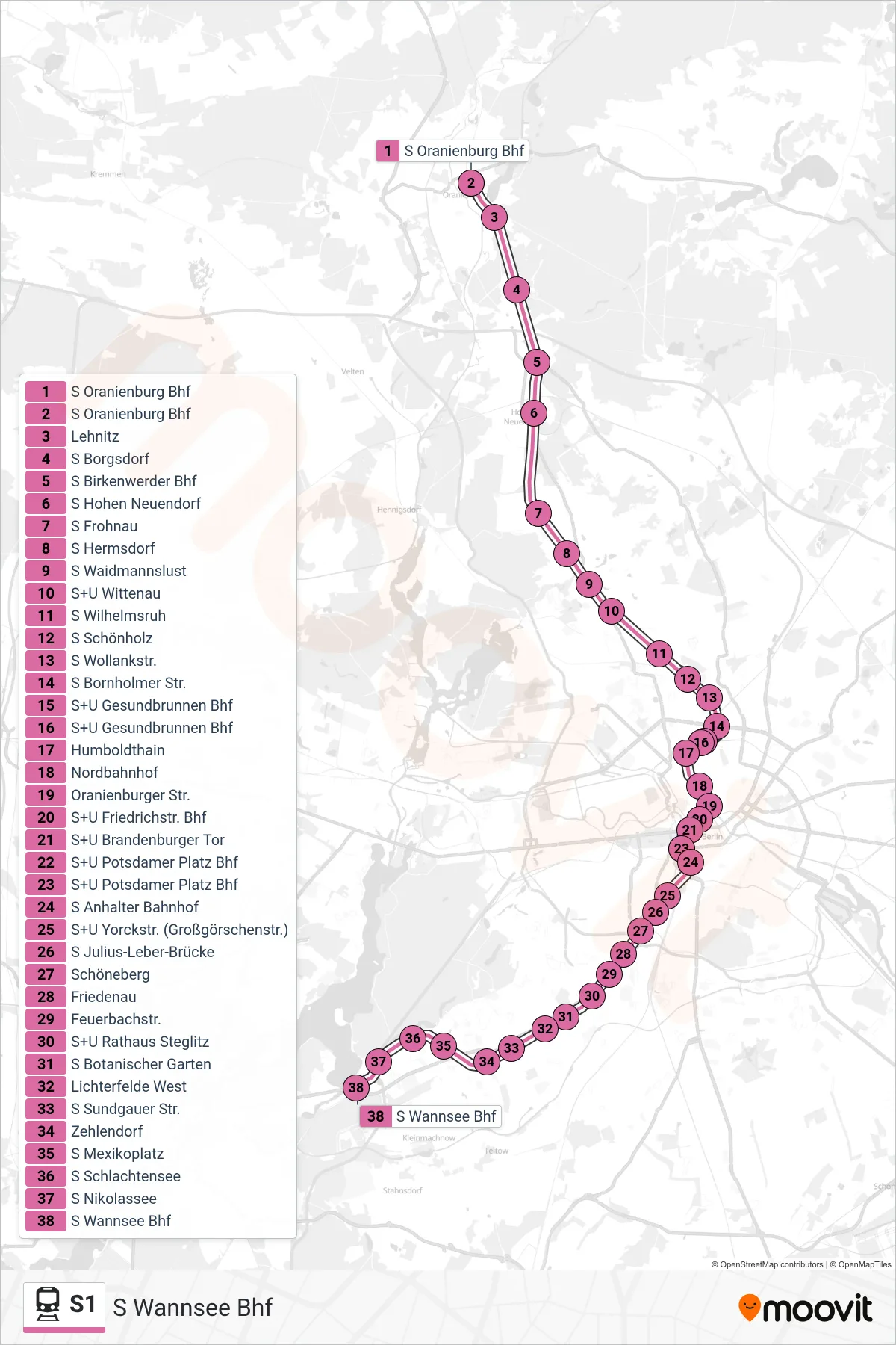 Linie S1 (Bahn) Richtung S Wannsee Bhf: Route und Haltestellen auf der Karte