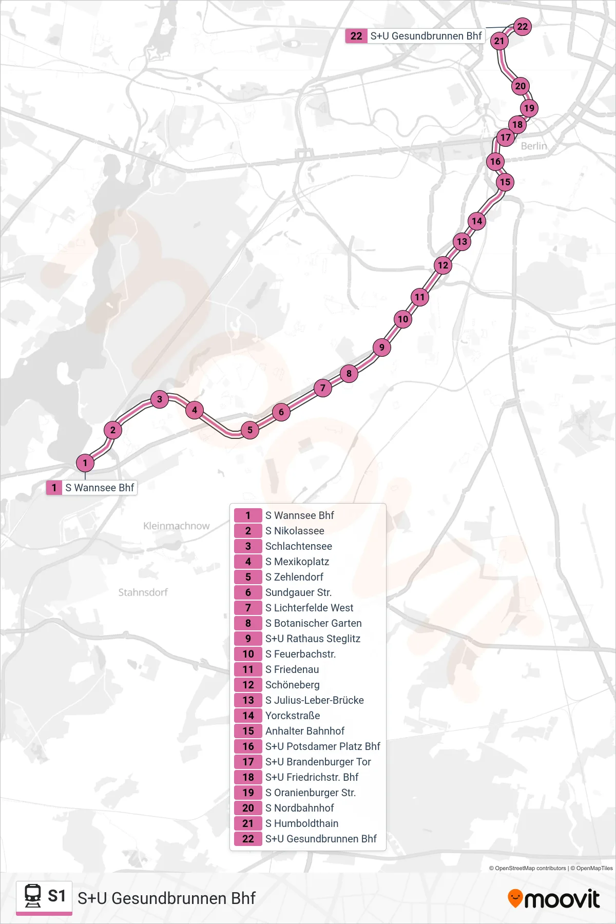 Linie S1 (Bahn) Richtung S+U Gesundbrunnen Bhf: Route und Haltestellen auf der Karte