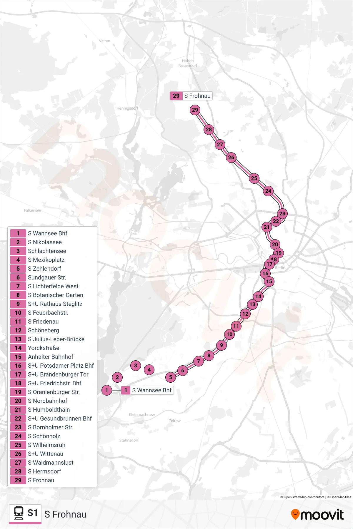 Linie S1 (Bahn) Richtung S Frohnau: Route und Haltestellen auf der Karte