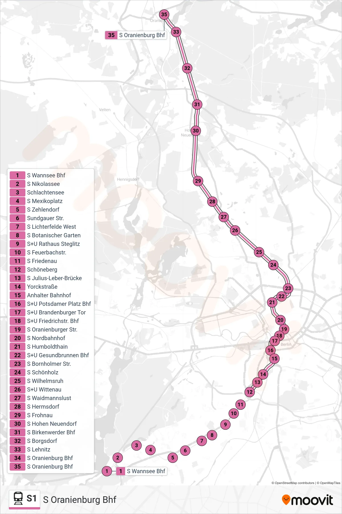 Linie S1 (Bahn) Richtung S Oranienburg Bhf: Route und Haltestellen auf der Karte