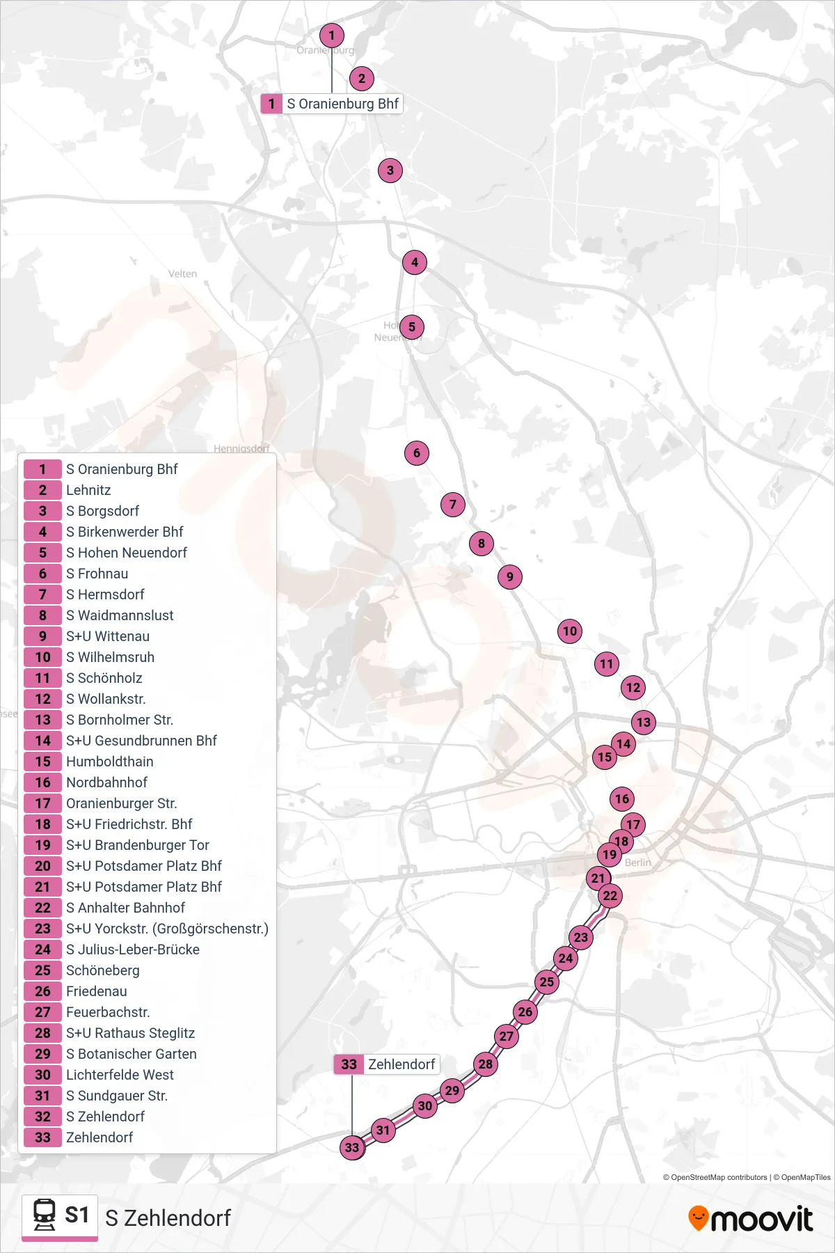 Linie S1 (Bahn) Richtung S Zehlendorf: Route und Haltestellen auf der Karte