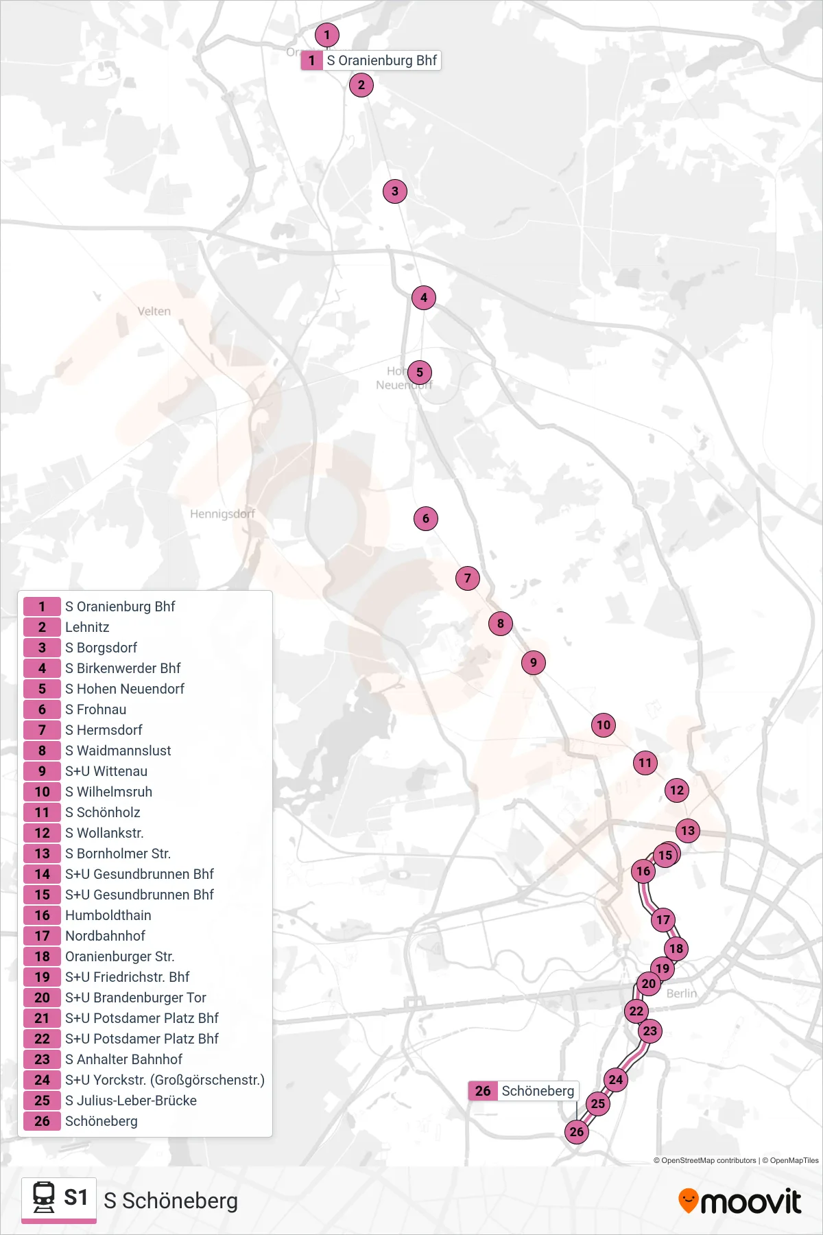 Linie S1 (Bahn) Richtung S Schöneberg: Route und Haltestellen auf der Karte
