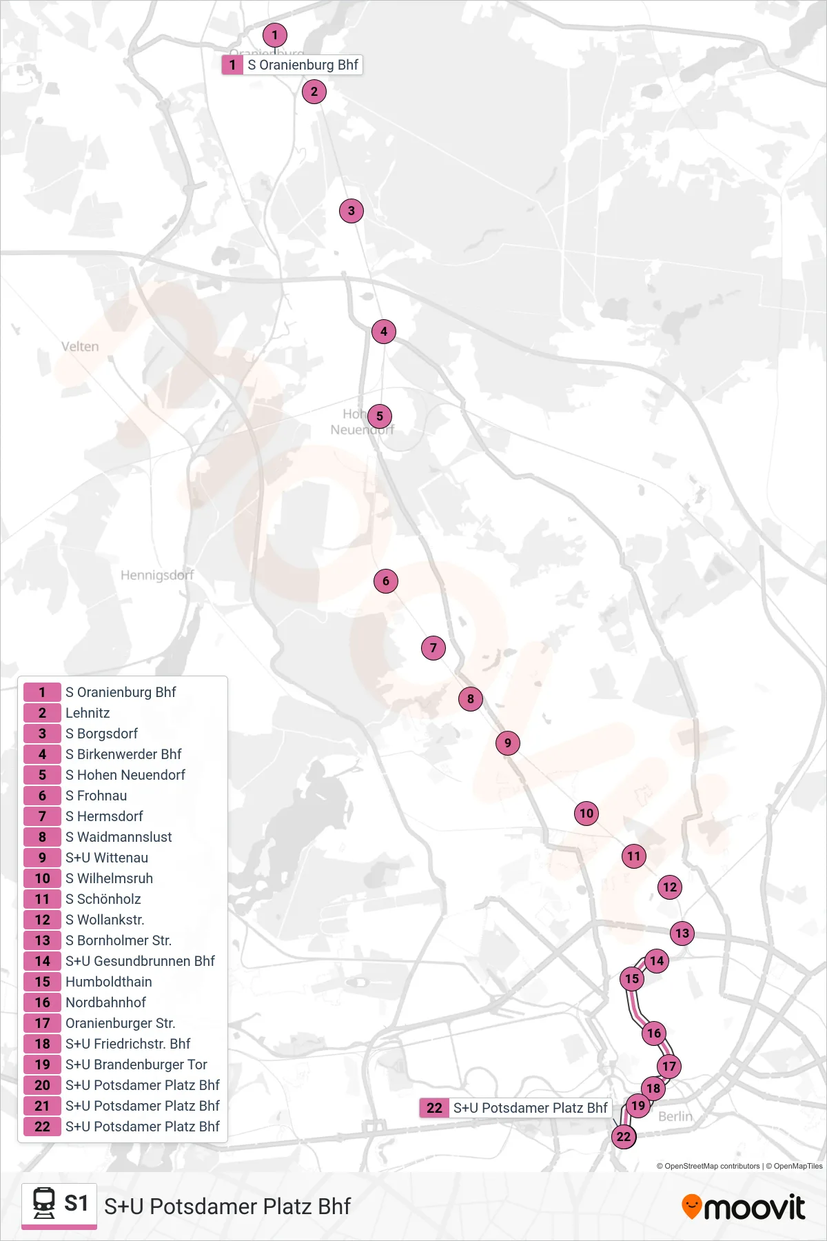 Linie S1 (Bahn) Richtung S+U Potsdamer Platz Bhf: Route und Haltestellen auf der Karte