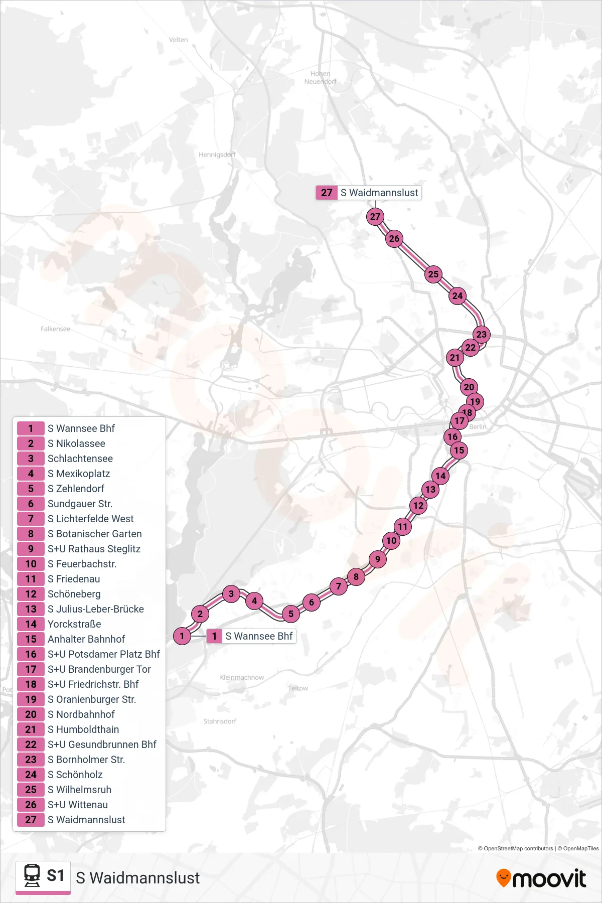 S1 rail Line (S Waidmannslust) route and stops on a map