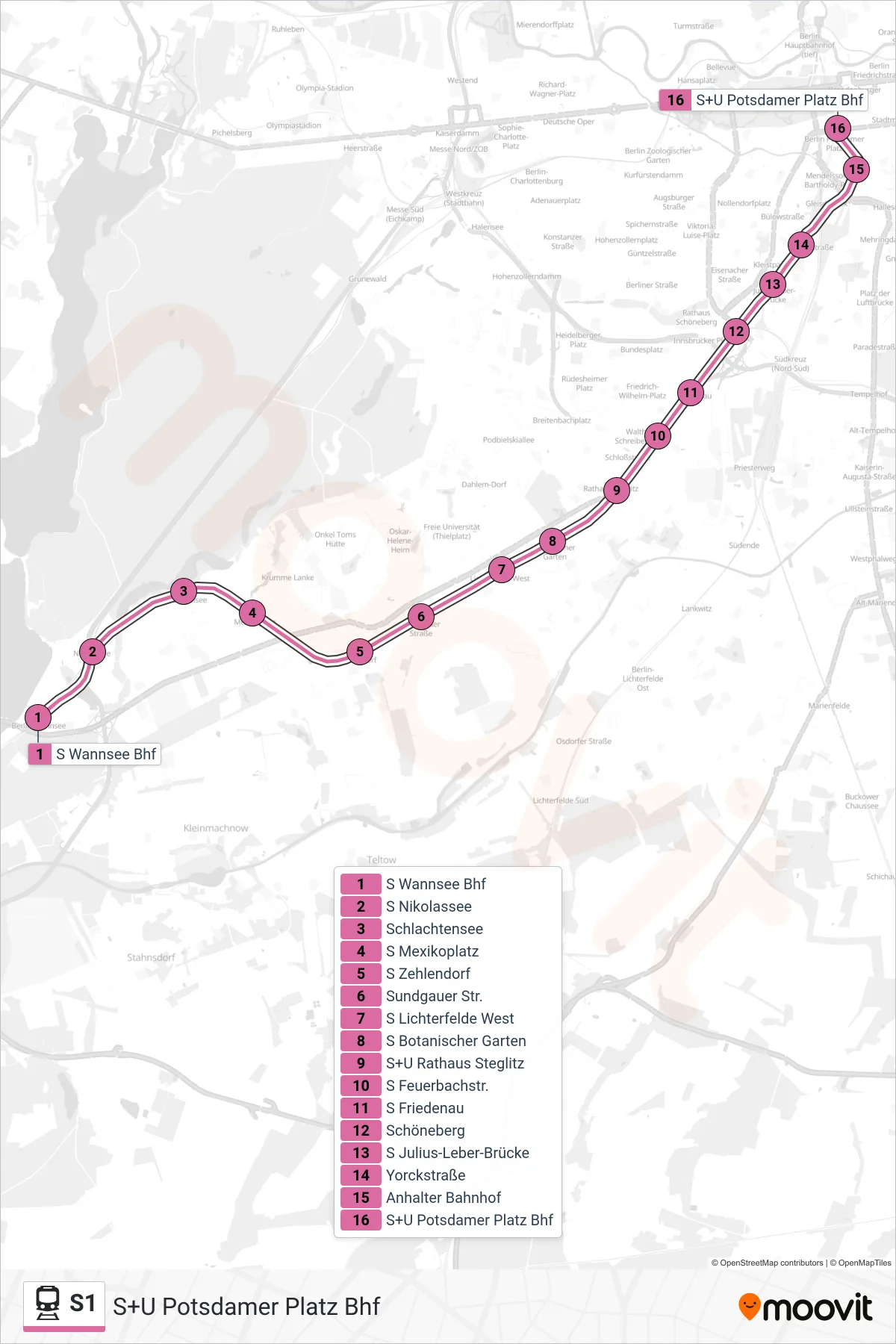 Linie S1 (Bahn) Richtung S+U Potsdamer Platz Bhf: Route und Haltestellen auf der Karte