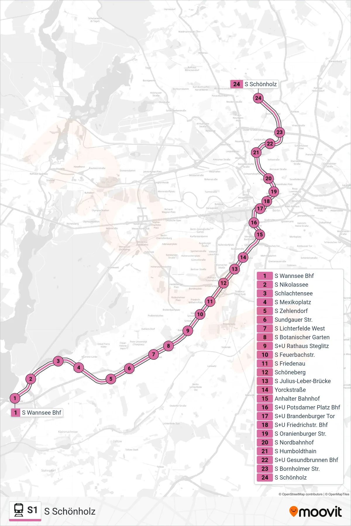 Linie S1 (Bahn) Richtung S Schönholz: Route und Haltestellen auf der Karte