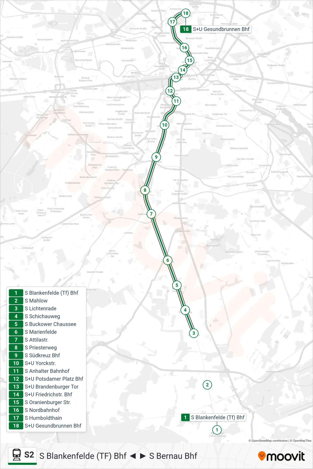 Linie S2 (Bahn) Richtung S+U Gesundbrunnen Bhf: Route und Haltestellen auf der Karte