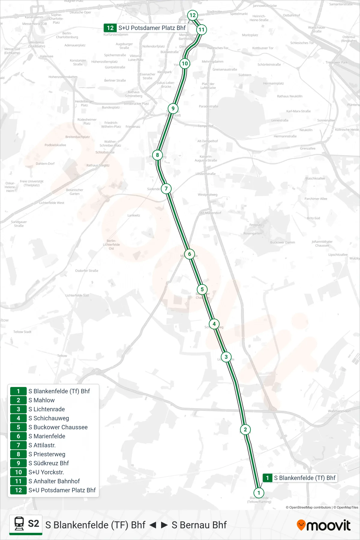 S2 train Line (S+U Potsdamer Platz Bhf) route and stops on a map