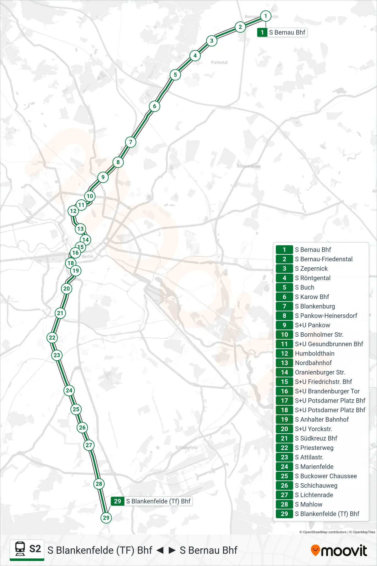 Linie S2 (Bahn) Richtung S Blankenfelde (Tf) Bhf: Route und Haltestellen auf der Karte