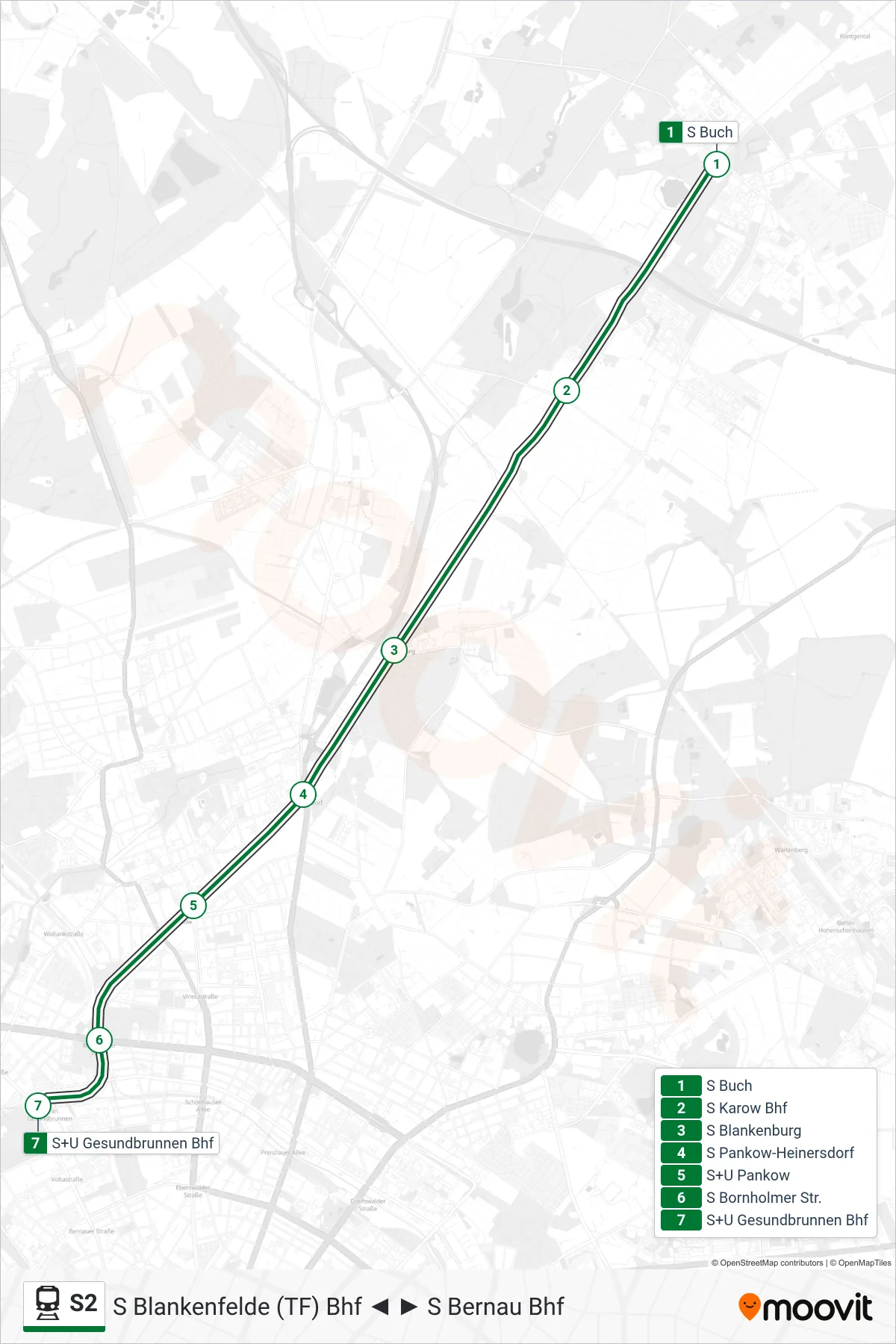 Linie S2 (Bahn) Richtung S+U Gesundbrunnen Bhf: Route und Haltestellen auf der Karte