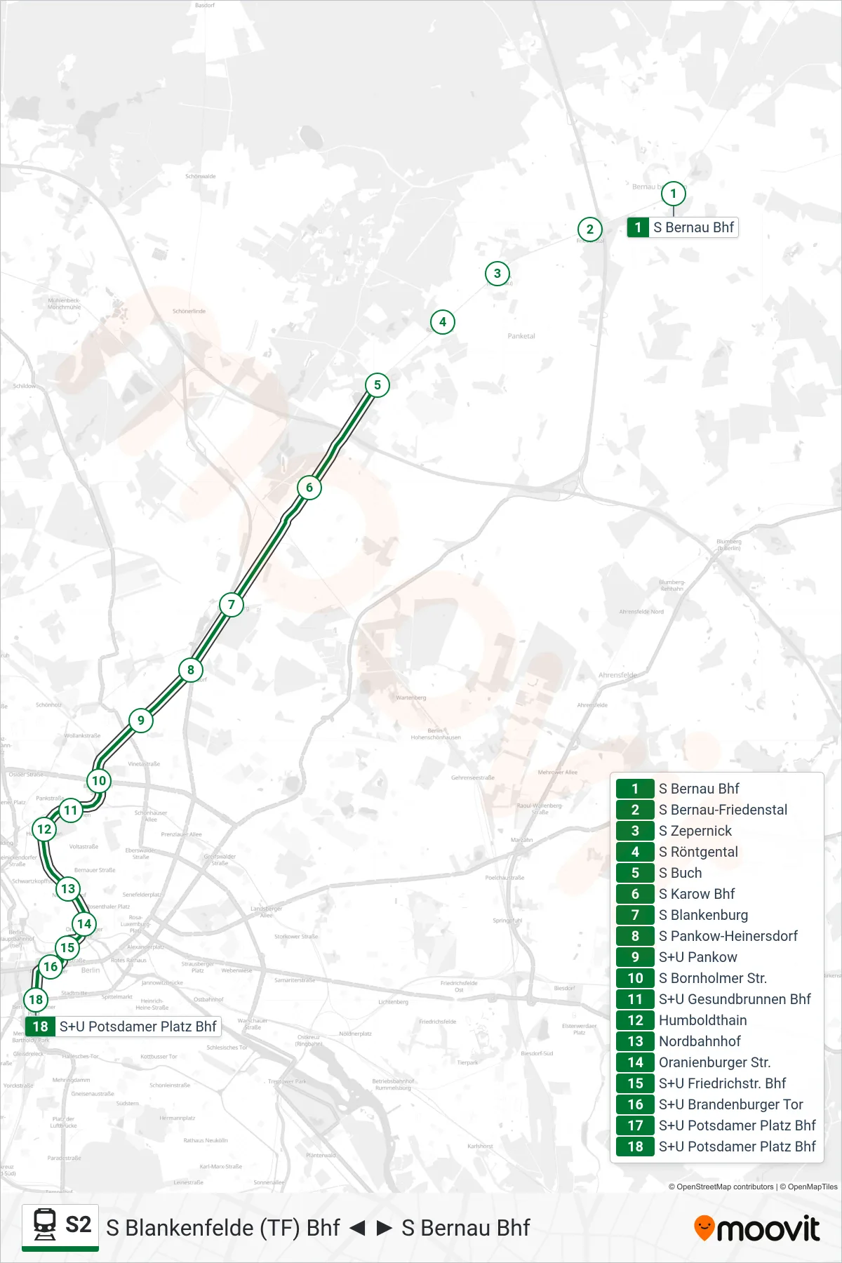 Linie S2 (Bahn) Richtung S+U Potsdamer Platz Bhf: Route und Haltestellen auf der Karte
