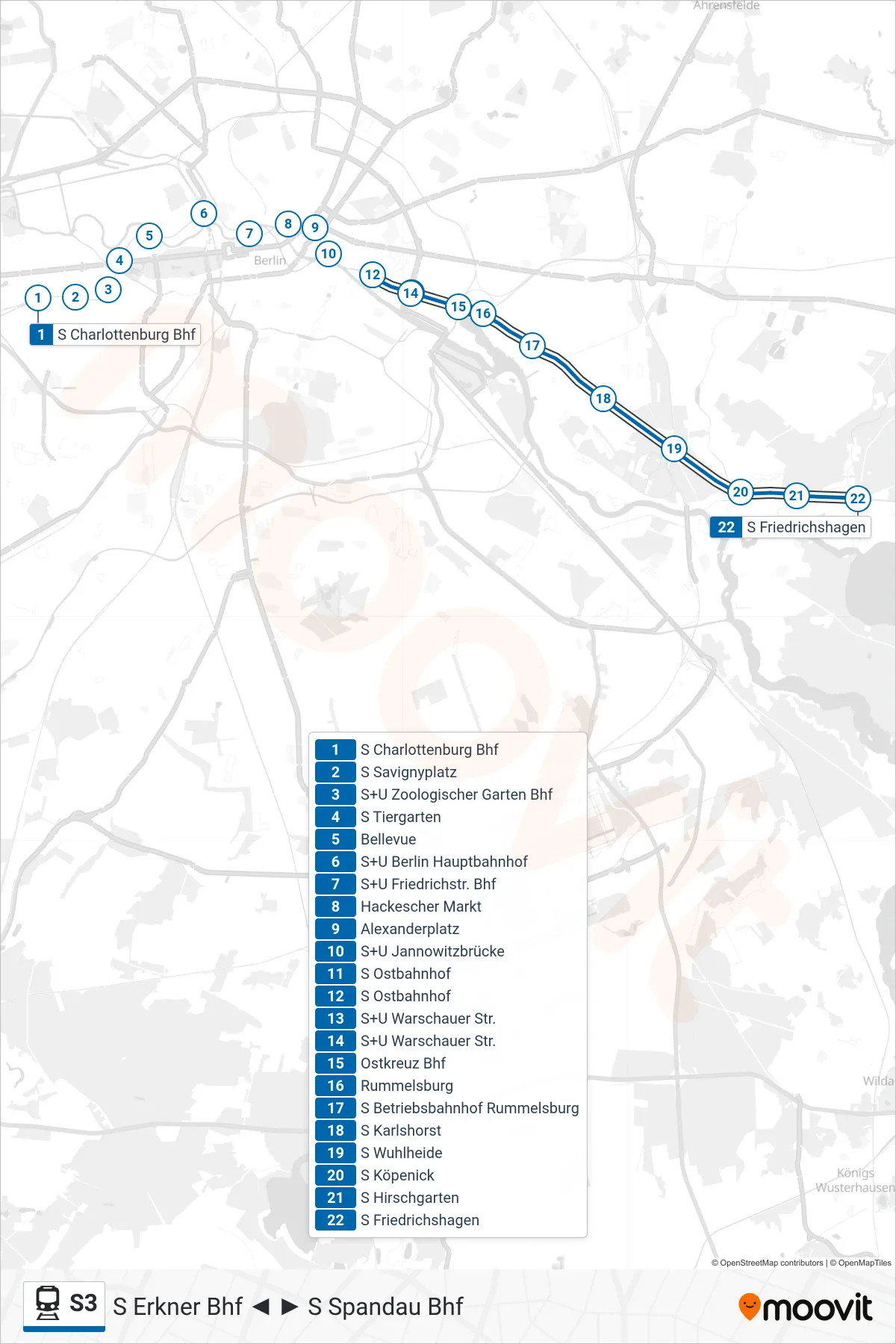 Linie S3 (Bahn) Richtung S Friedrichshagen: Route und Haltestellen auf der Karte