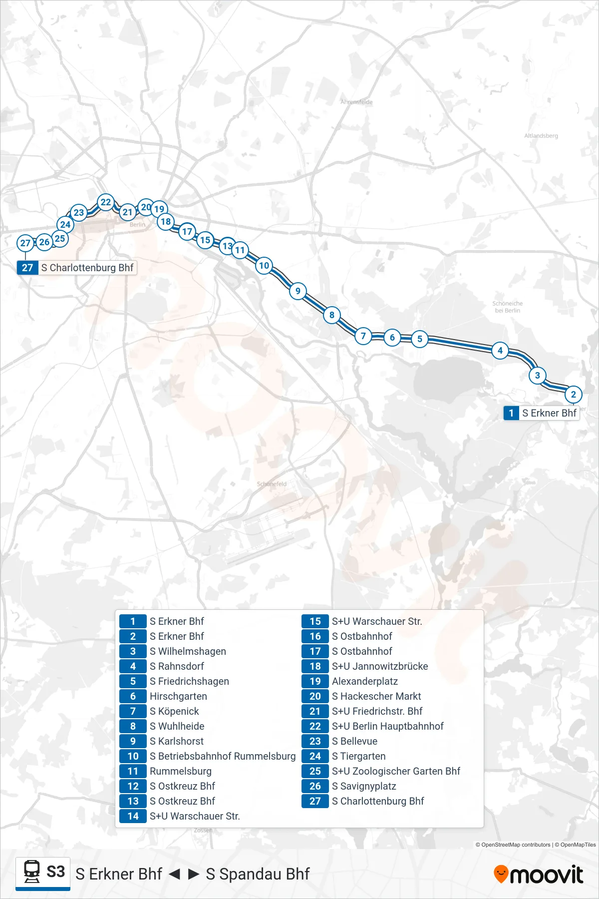 Linie S3 (Bahn) Richtung S Charlottenburg Bhf: Route und Haltestellen auf der Karte