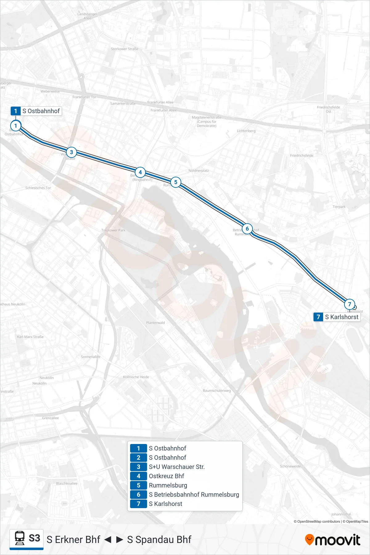 Linie S3 (Bahn) Richtung S Karlshorst: Route und Haltestellen auf der Karte