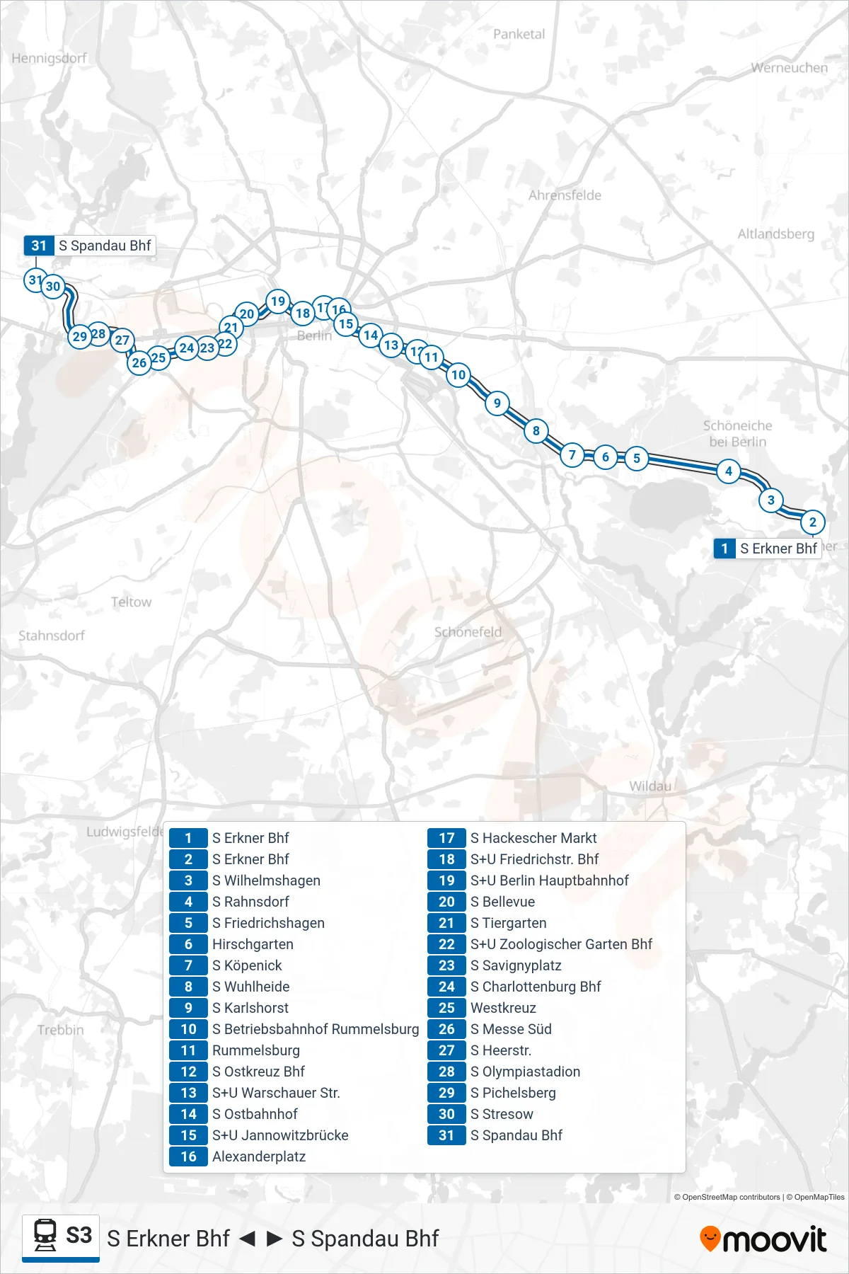 Linie S3 (Bahn) Richtung S Spandau Bhf: Route und Haltestellen auf der Karte