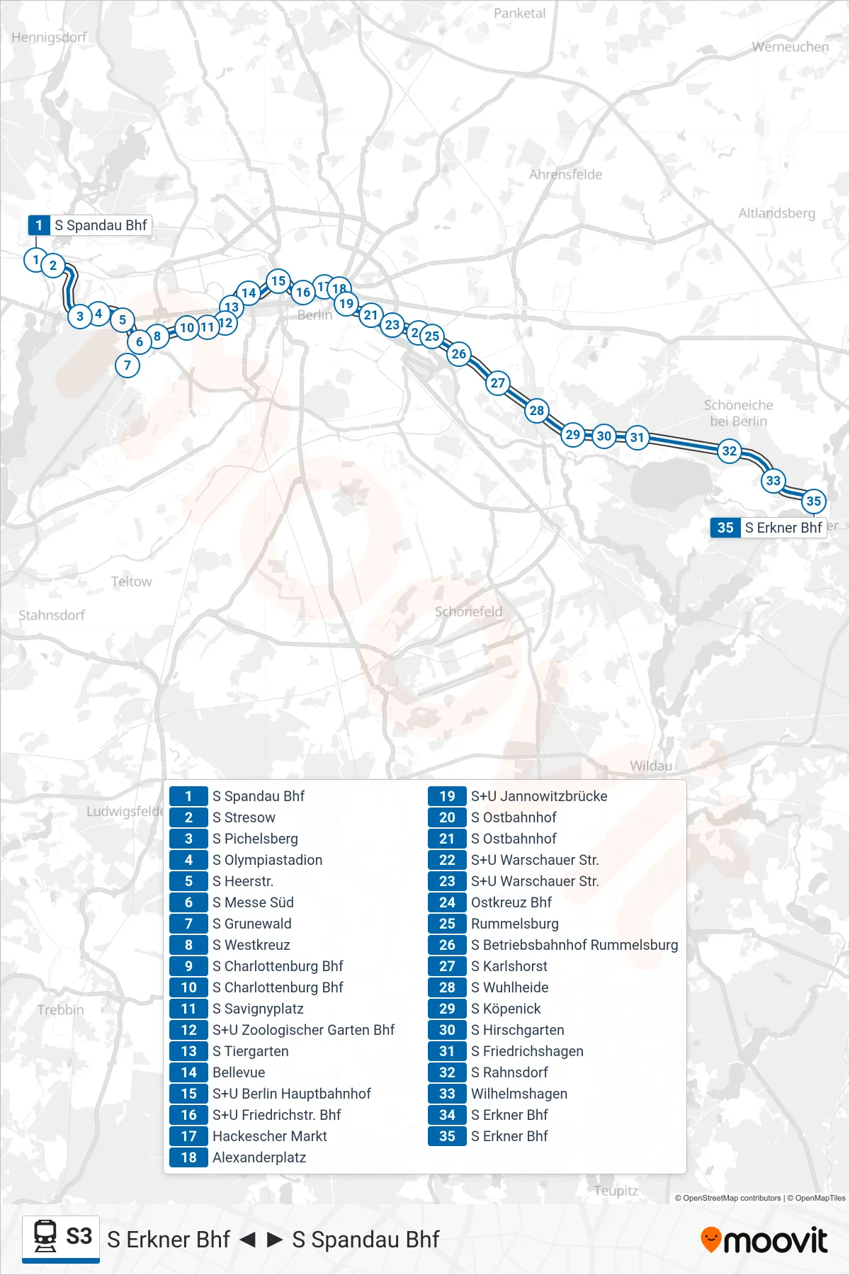Linie S3 (Bahn) Richtung S Erkner Bhf: Route und Haltestellen auf der Karte