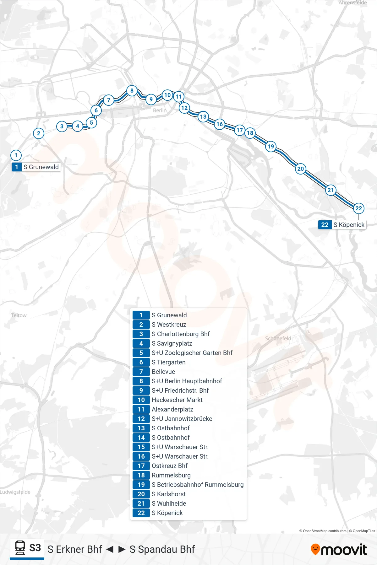 Linie S3 (Bahn) Richtung S Köpenick: Route und Haltestellen auf der Karte