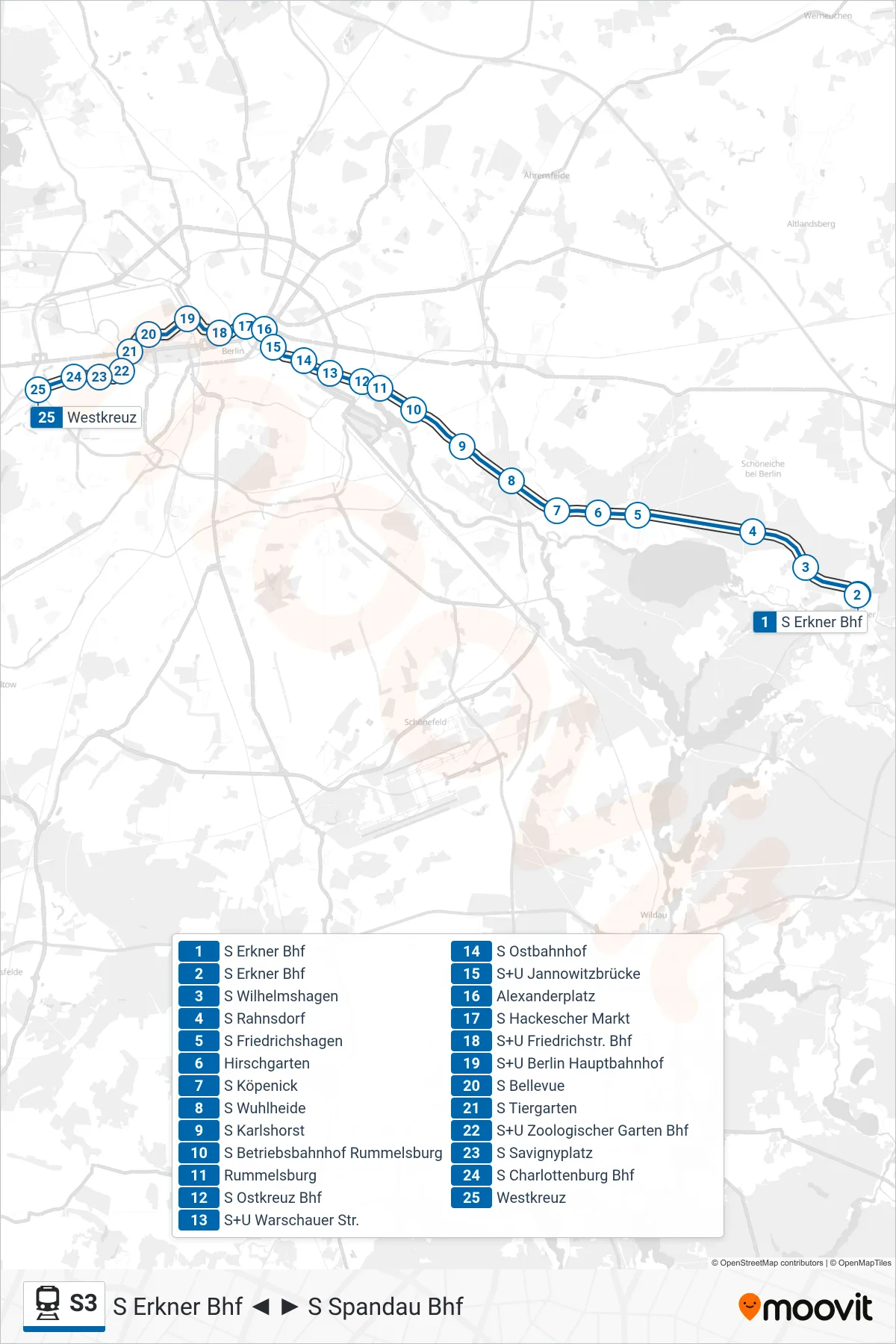 Linie S3 (Bahn) Richtung S Westkreuz: Route und Haltestellen auf der Karte