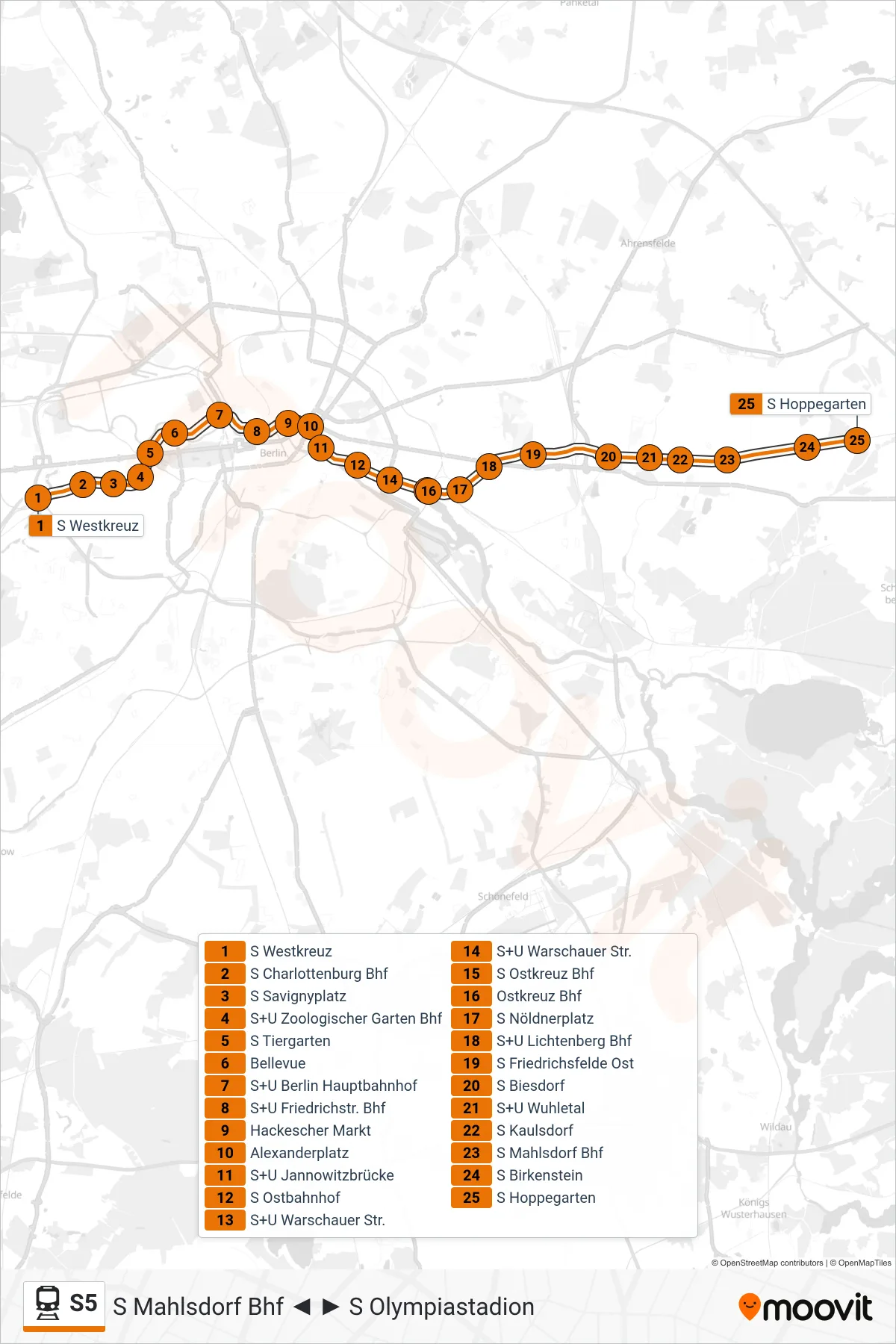 Linie S5 (Bahn) Richtung S Hoppegarten: Route und Haltestellen auf der Karte