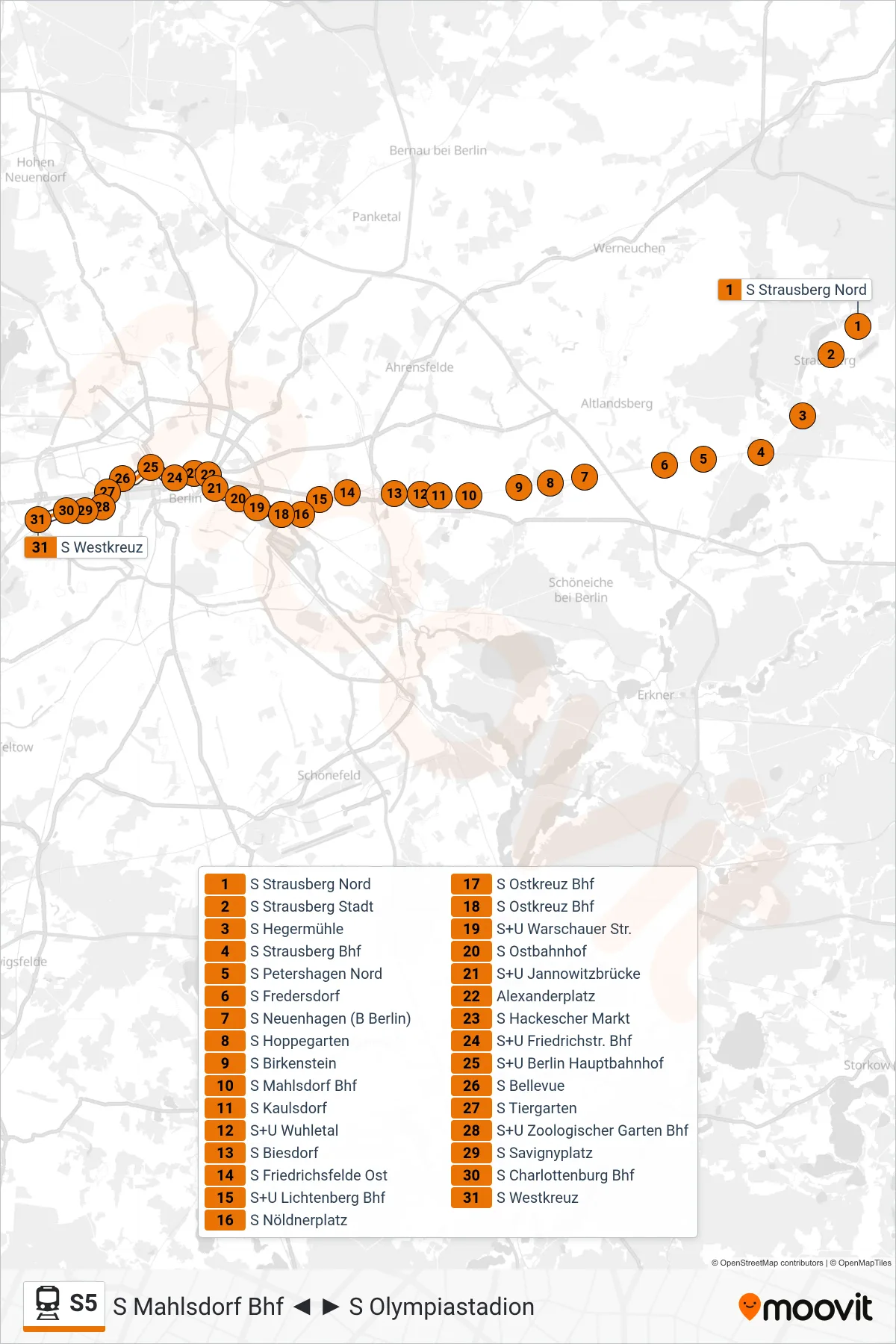 Linie S5 (Bahn) Richtung S Westkreuz: Route und Haltestellen auf der Karte
