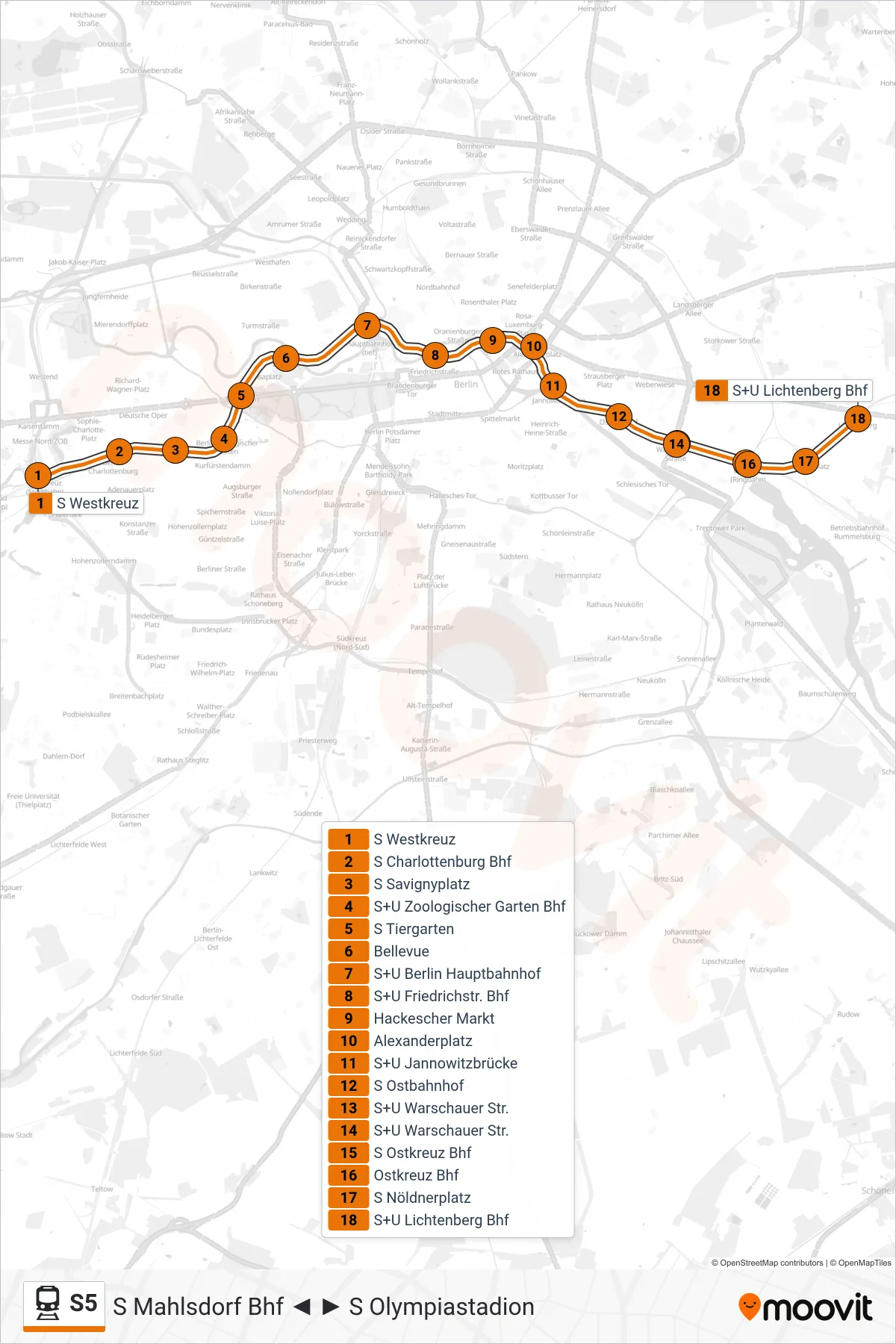 Linie S5 (Bahn) Richtung S+U Lichtenberg Bhf: Route und Haltestellen auf der Karte