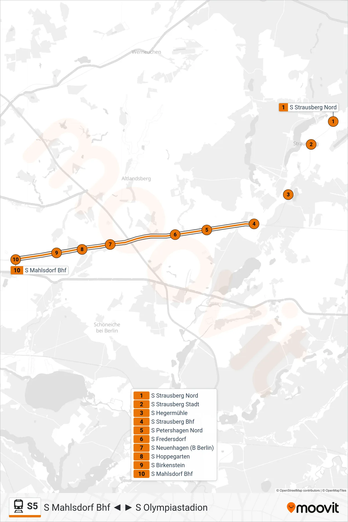 Linie S5 (Bahn) Richtung S Mahlsdorf Bhf: Route und Haltestellen auf der Karte
