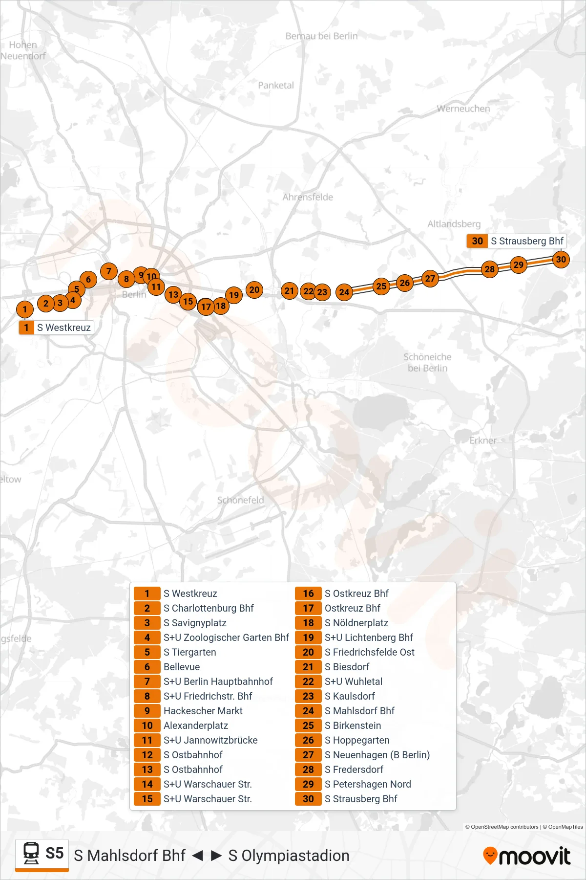 Linie S5 (Bahn) Richtung S Strausberg Bhf: Route und Haltestellen auf der Karte