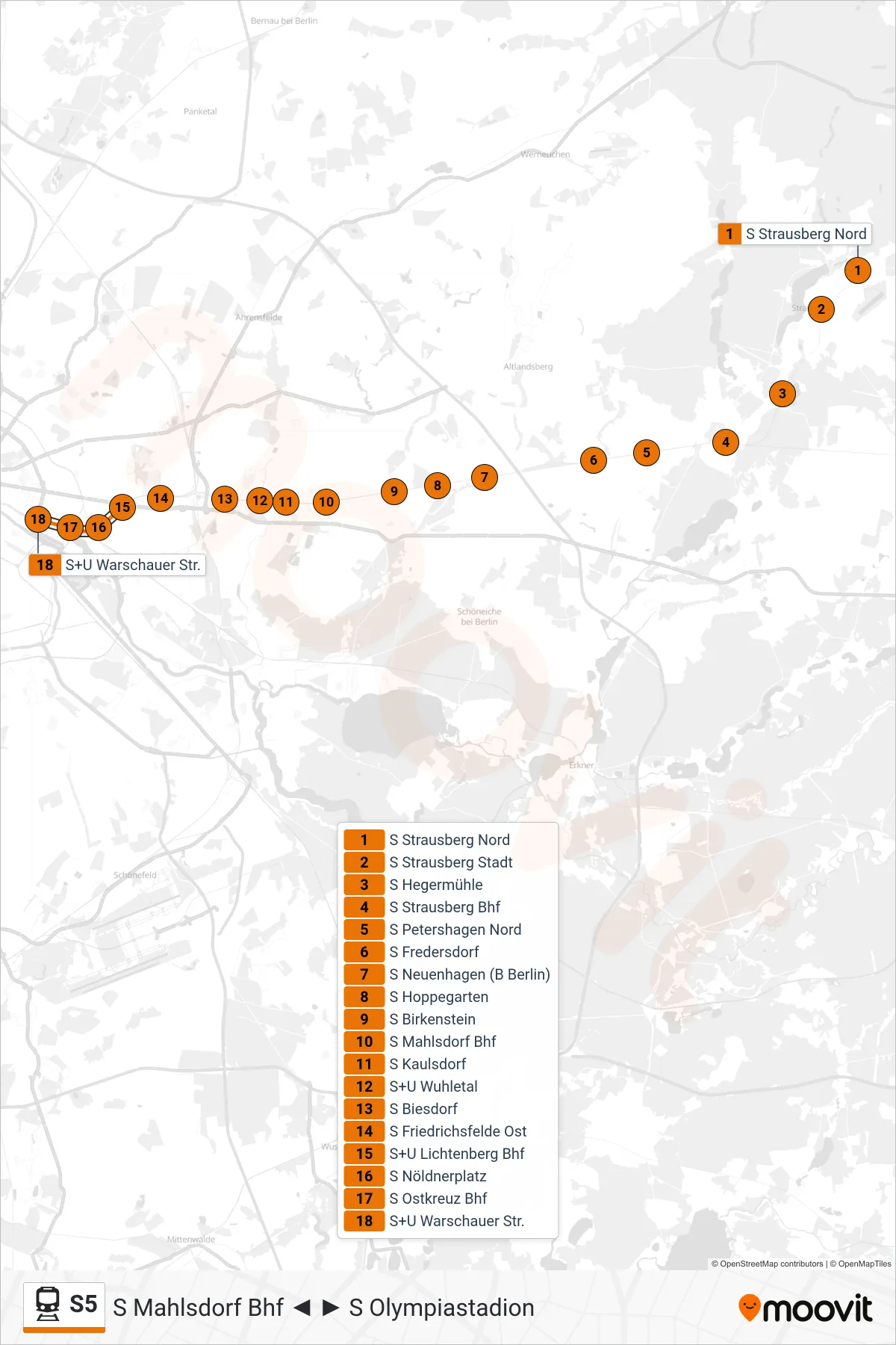 Linie S5 (Bahn) Richtung S+U Warschauer Str.: Route und Haltestellen auf der Karte