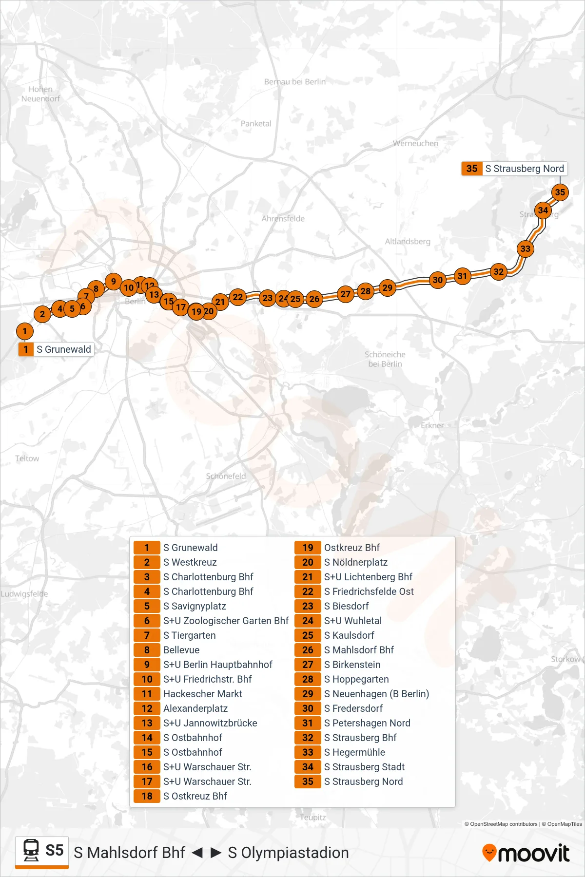 Linie S5 (Bahn) Richtung S Strausberg Nord: Route und Haltestellen auf der Karte