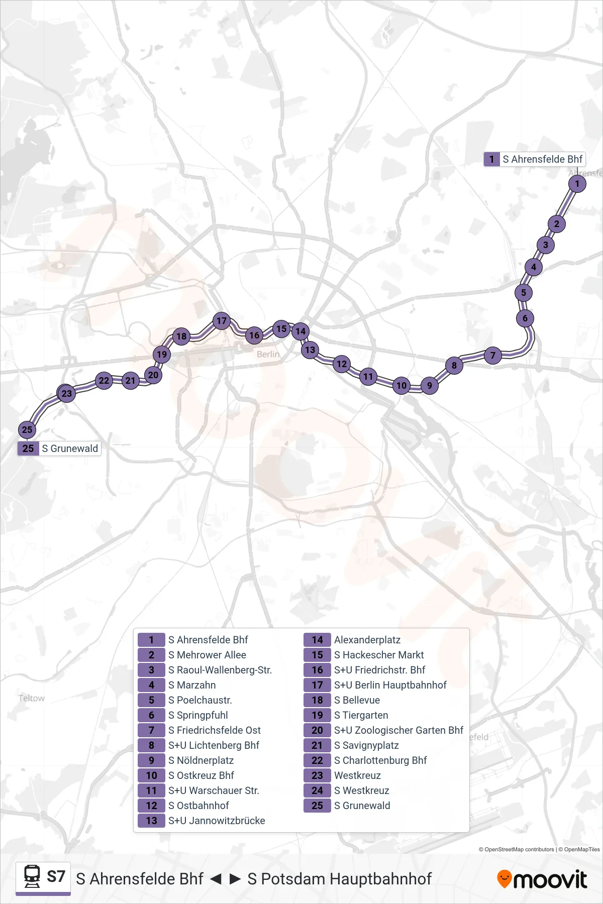 Linie S7 (Bahn) Richtung S Grunewald: Route und Haltestellen auf der Karte
