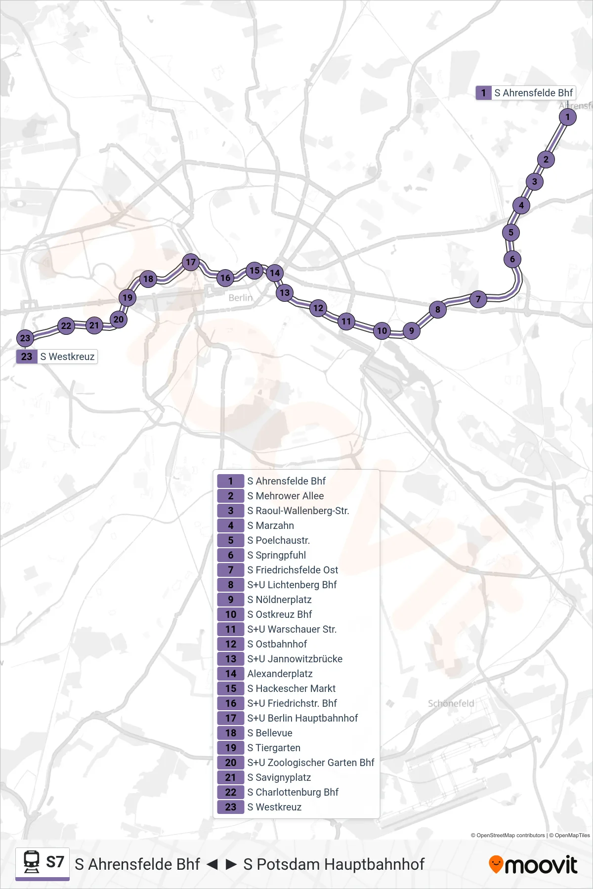 S7 rail Line (S Westkreuz) route and stops on a map
