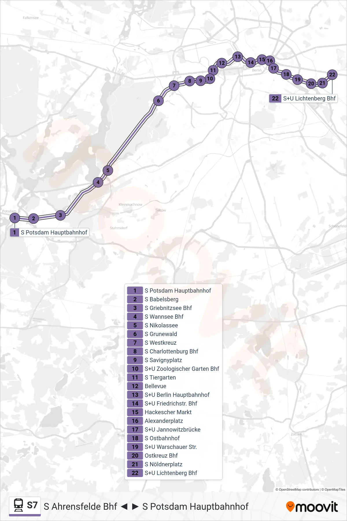 Linie S7 (Bahn) Richtung S+U Lichtenberg Bhf: Route und Haltestellen auf der Karte