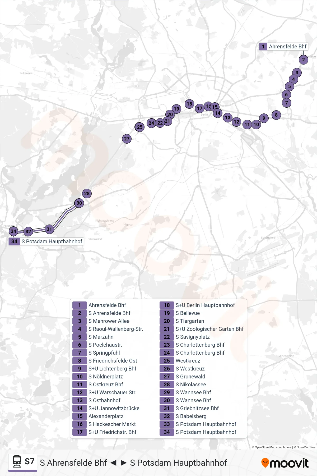 S7 train Line (S Potsdam Hauptbahnhof) route and stops on a map