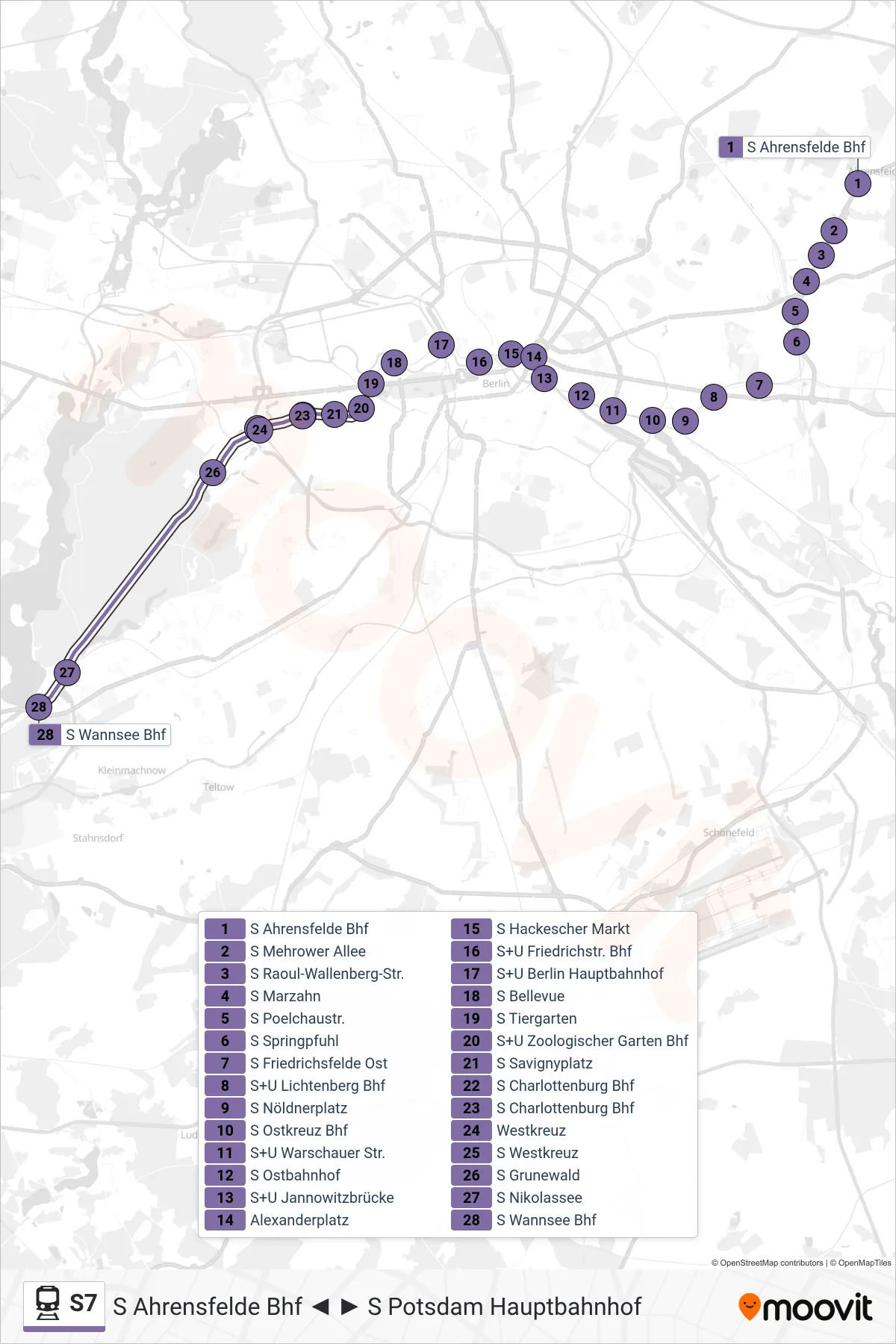 Linie S7 (Bahn) Richtung S Wannsee Bhf: Route und Haltestellen auf der Karte