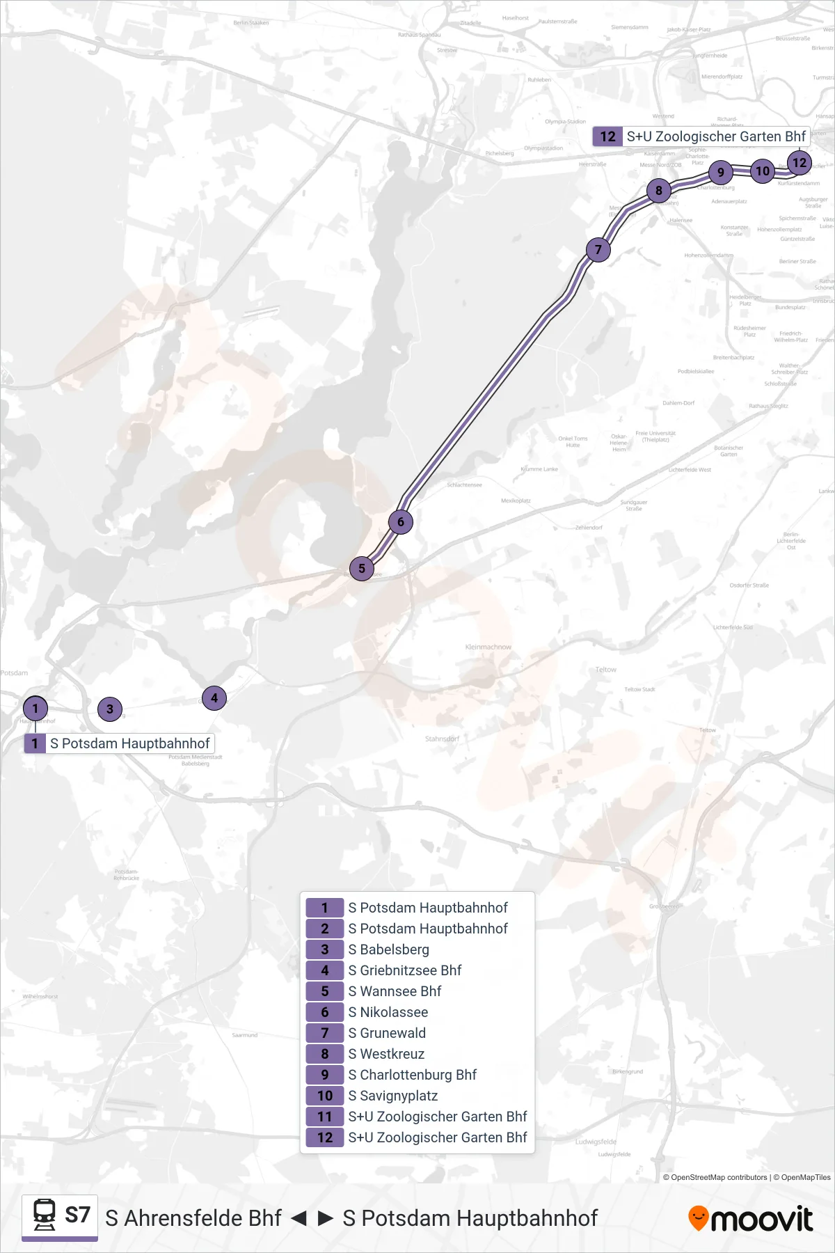 Linie S7 (Bahn) Richtung S+U Zoologischer Garten Bhf: Route und Haltestellen auf der Karte