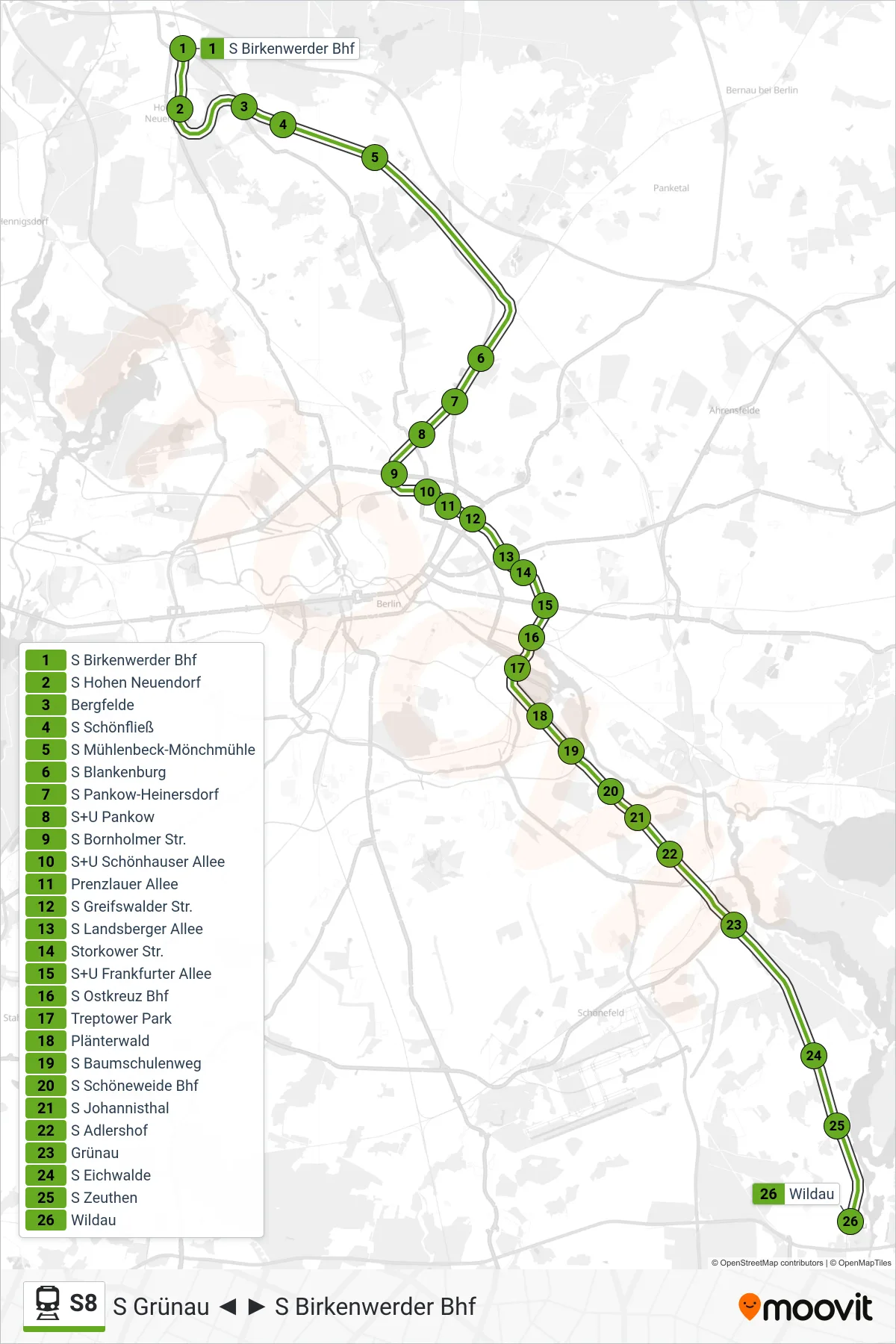 Linie S8 (Bahn) Richtung S Wildau: Route und Haltestellen auf der Karte