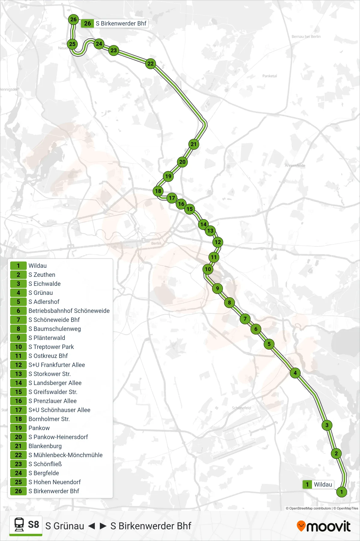 Linie S8 (Bahn) Richtung S Birkenwerder Bhf: Route und Haltestellen auf der Karte